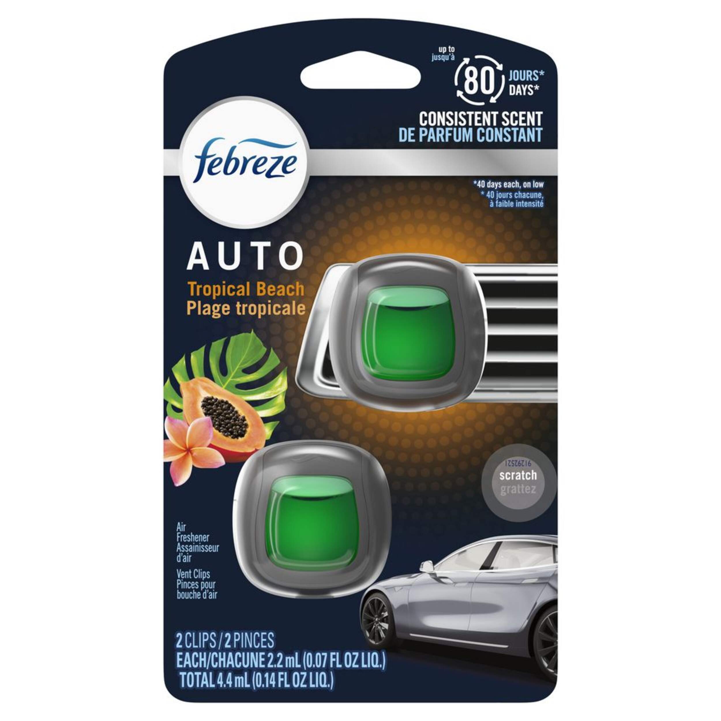 Febreze AUTO Air Freshener Vent Clip Tropical Beach Scent, 2.2 mL, Pack of 2 Front_Flat
