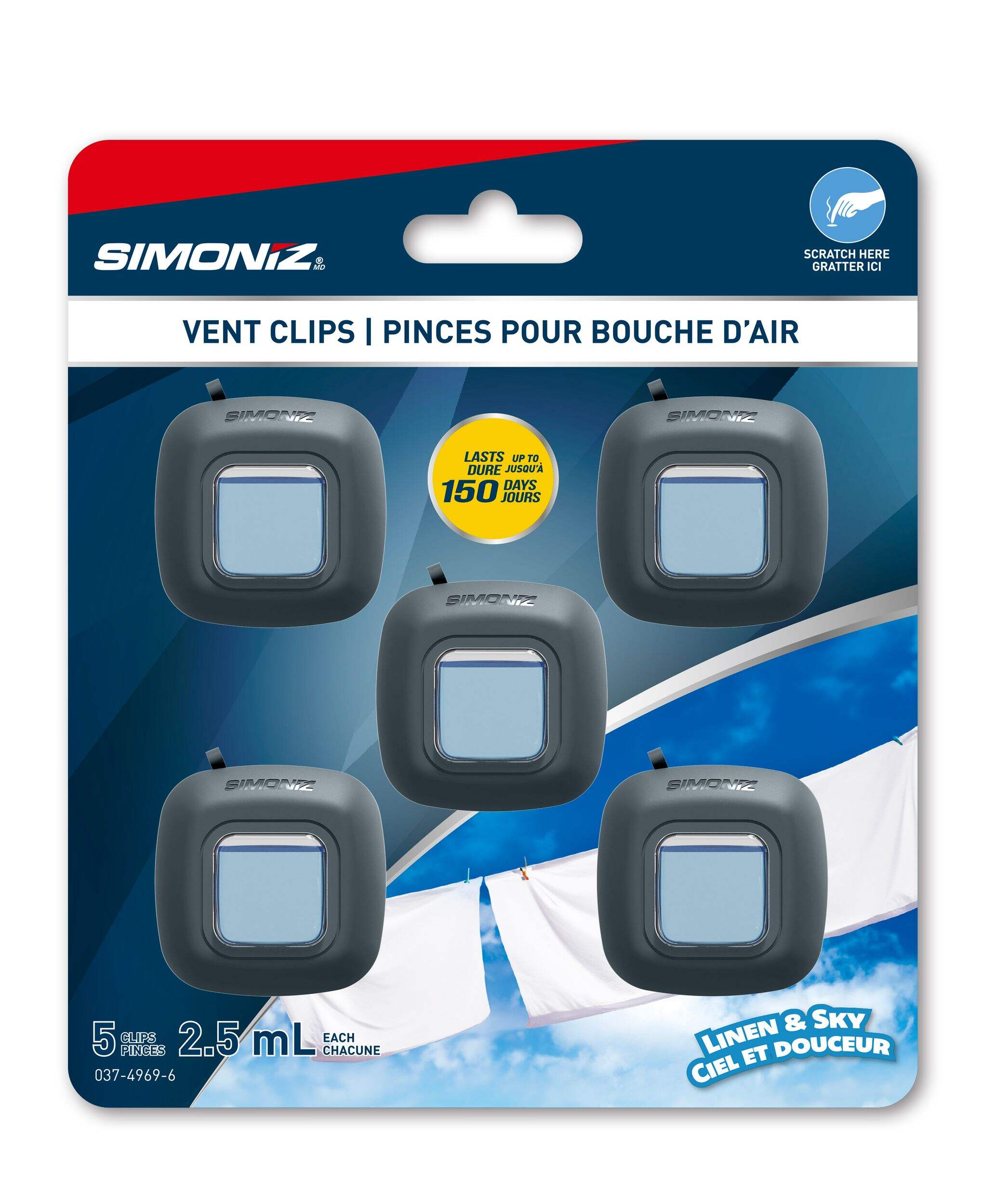 Simoniz Vent Clip Car Air Freshener, Linen & Sky Scent, 5-pk Front_Flat
