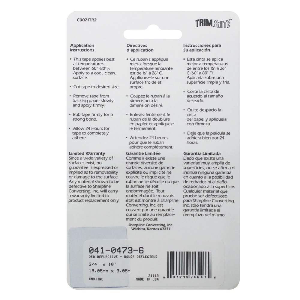 Trimbrite Reflective Tape, Red, 3/4in x 10ft Canadian Tire