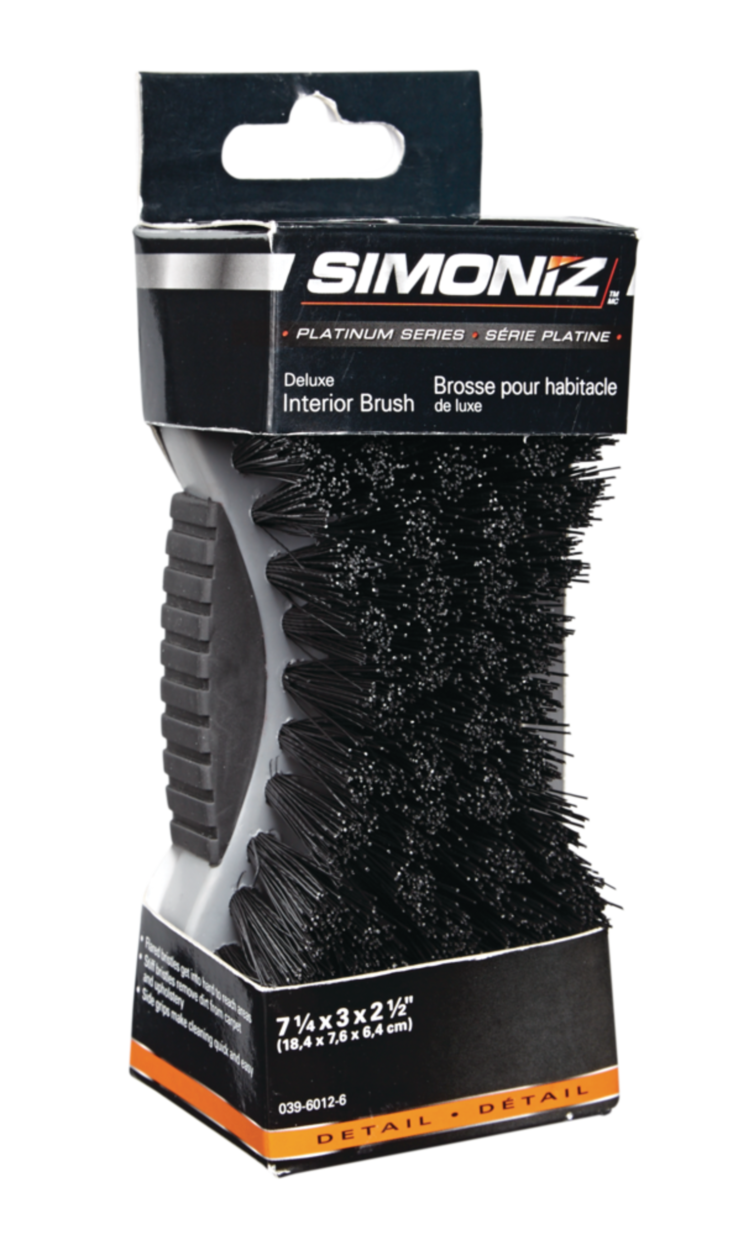 SIMONIZ Platinum Strong Bristles Comfort Grip Interior Brush for Carpet & Upholstery, Black & Grey, 1-pc Front_Angled_Right