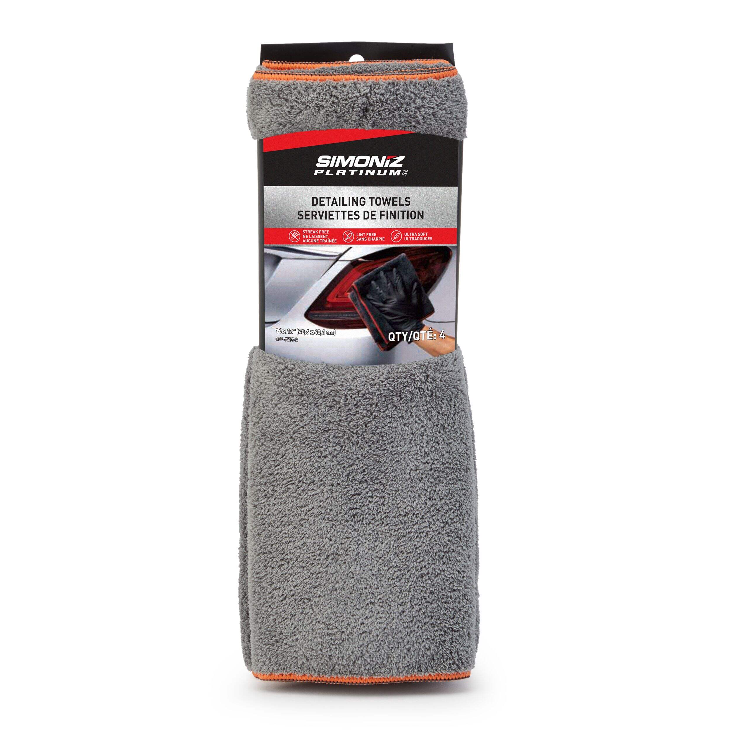 Chiffons de finition en microfibres non pelucheux SIMONIZ Platinum, 16 x 16 po, gris, paq. 4 Front_Flat