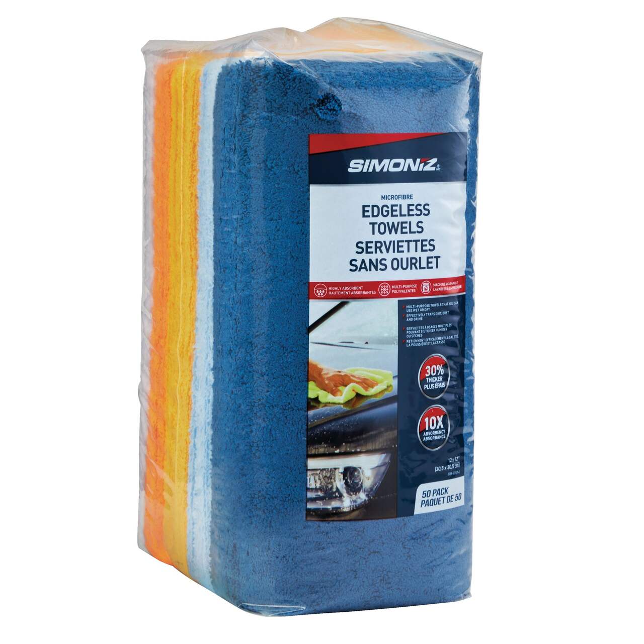 SIMONIZ Microfibre Edged Towels, 12 x 12-in, Blue, White, Orange, Yellow,  36-pk