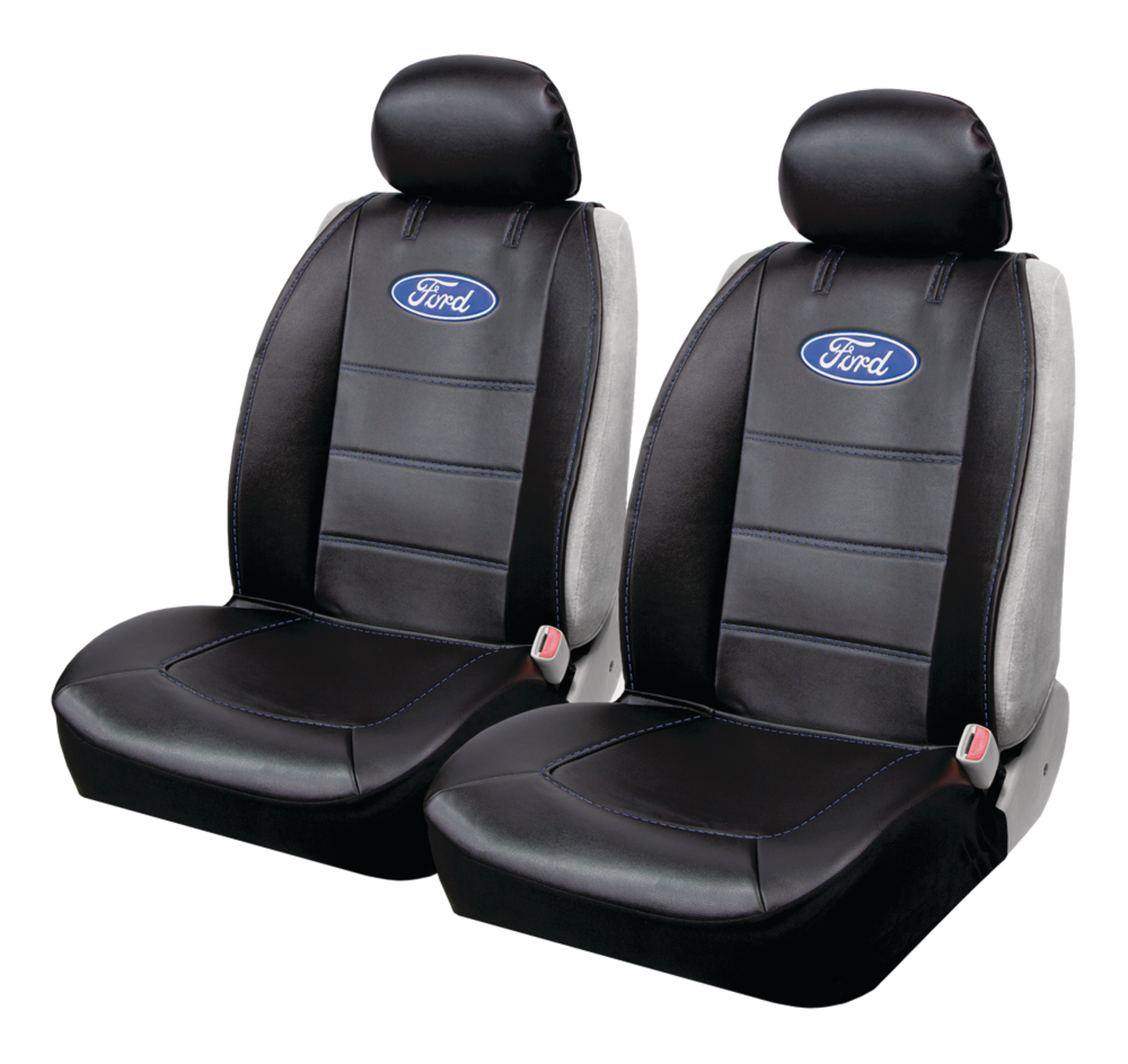 Ford Sideless Vinyl Seat Cover, Black with Blue, 2-pk Front_Angled_Left