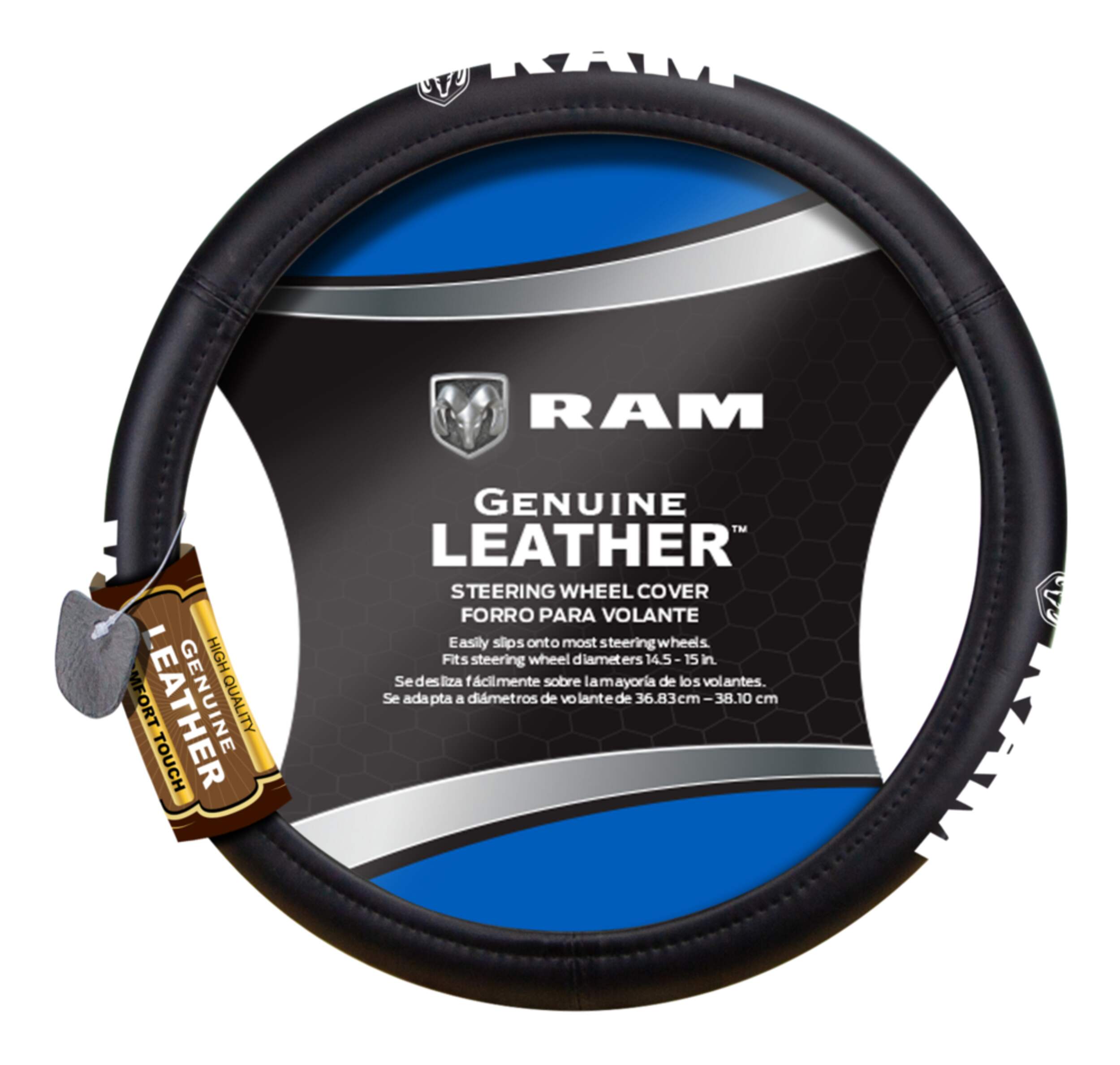 RAM Deluxe Genuine Leather Steering Wheel Cover, Black Front_Flat