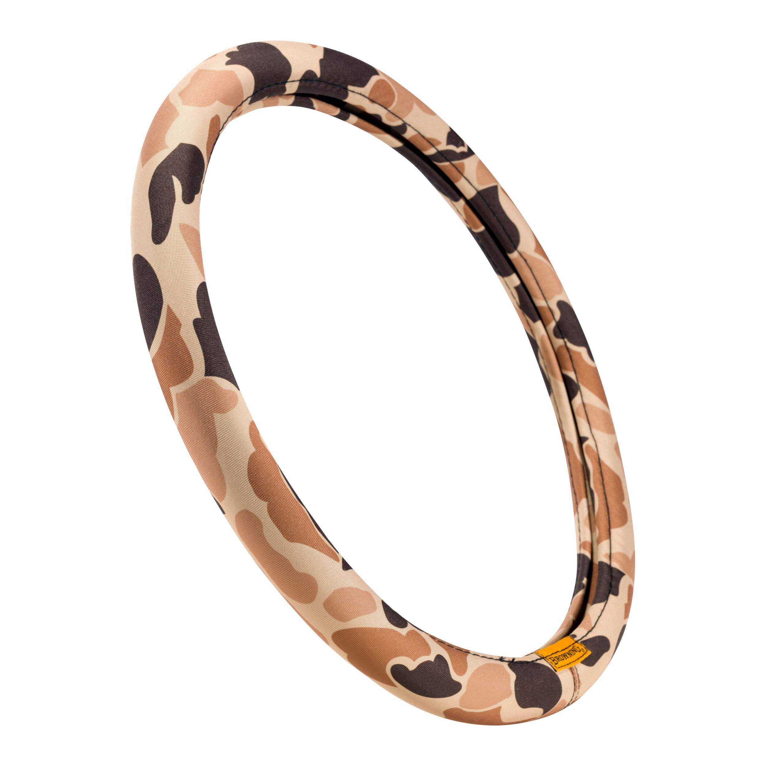 Browning Buckmark Branding Duck Camo Steering Wheel Cover, Tan & Brown Front_Three_Fourths_Angled_Right