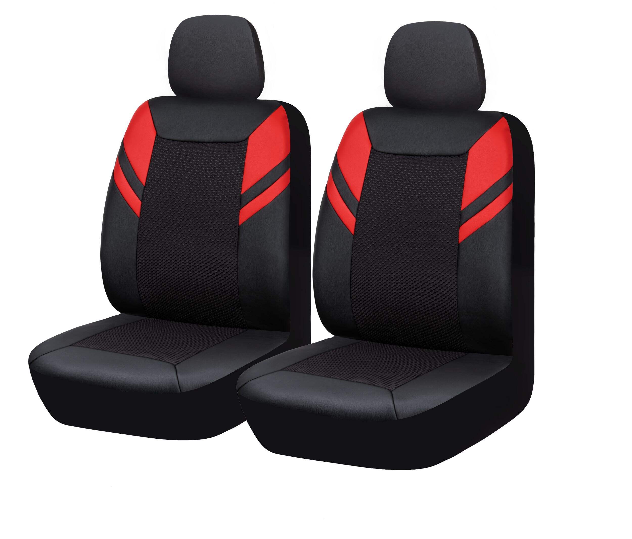 AutoTrends Core Sporty Leatherette Faux Leather & Jacquard Seat Cover, Black with Red Stripes Front_Three_Fourths_Angled_Left