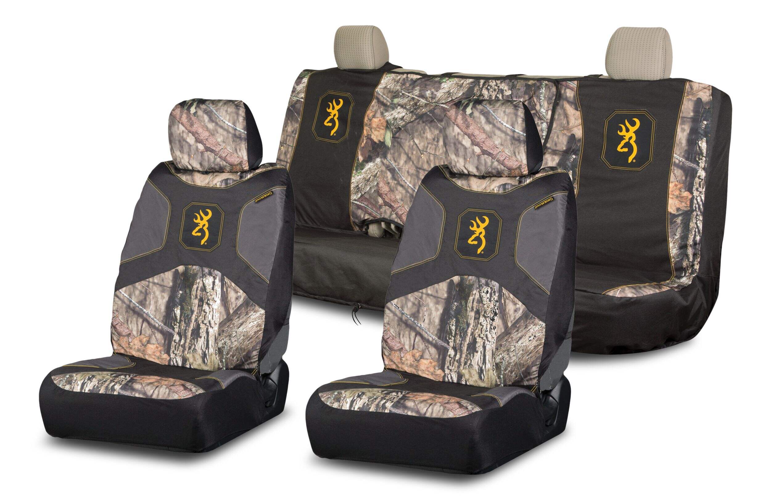 Browning Buckmark Branding and Mossy Oak Country Camo Seat Cover Set for Back Bench Seat Front_Three_Fourths_Angled_Left