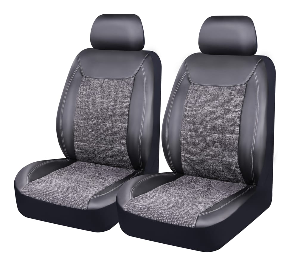 Autotrends Leatherette Faux Leather And Low Back Jacquard Seat Cover Black And Heathered Grey 2 Pk 