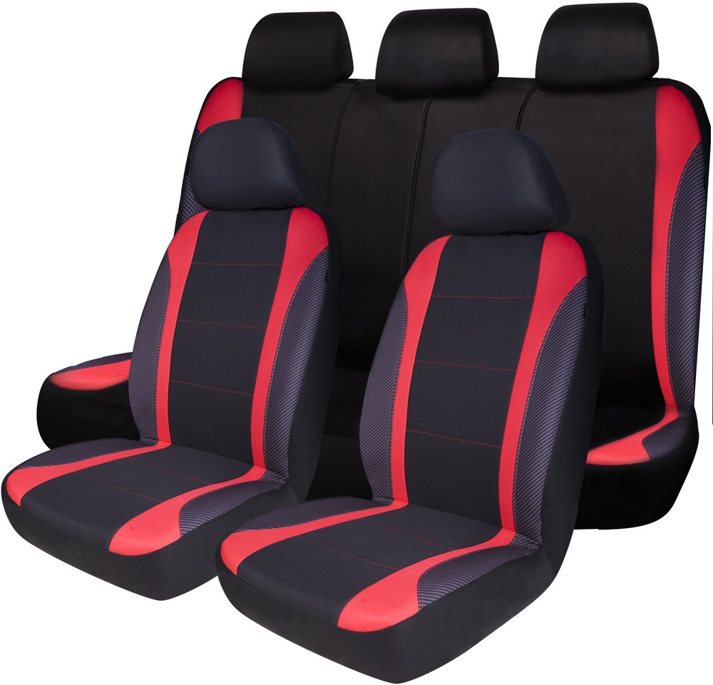 AutoTrends Carbon Fibre Seat Cover Set for Back Bench Seat, Black & Red