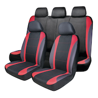 AutoTrends Carbon Fibre Seat Cover Set for Back Bench Seat, Black & Red, 3-pk Front_Three_Fourths_Angled_Left