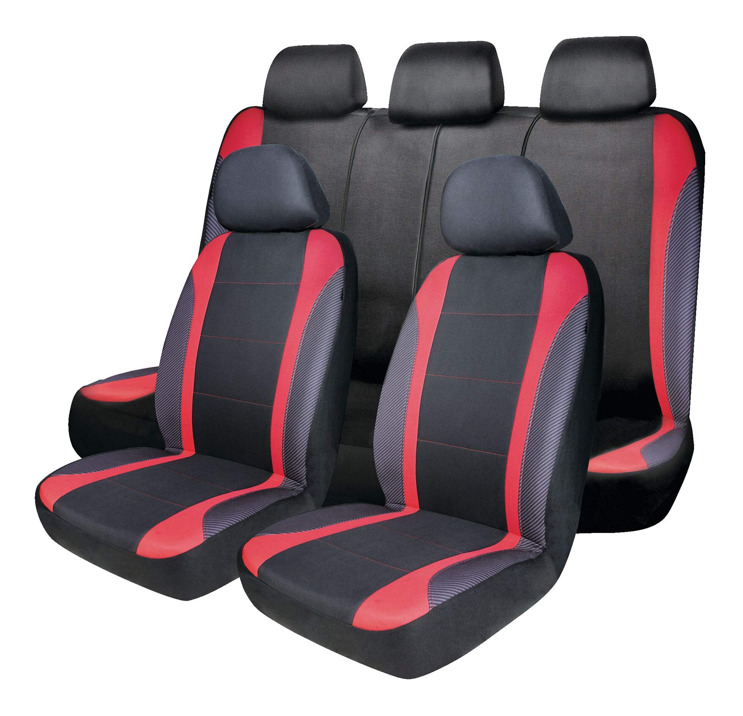 AutoTrends Carbon Fibre Seat Cover Set for Back Bench Seat, Black & Red, 3-pk Front_Three_Fourths_Angled_Left