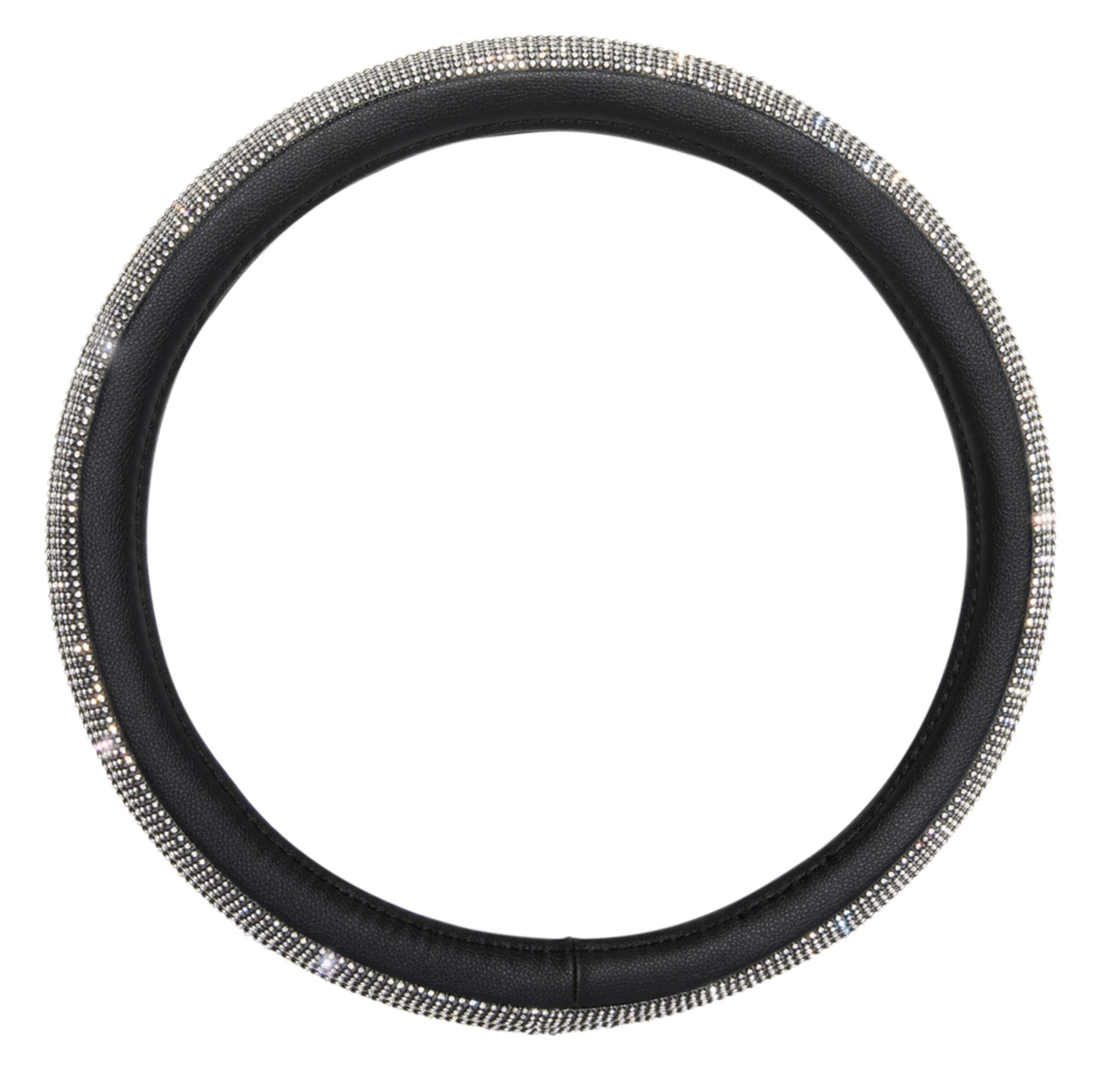 AutoTrends Faux Leather Diamond Steering Wheel Cover, Black Front_Flat