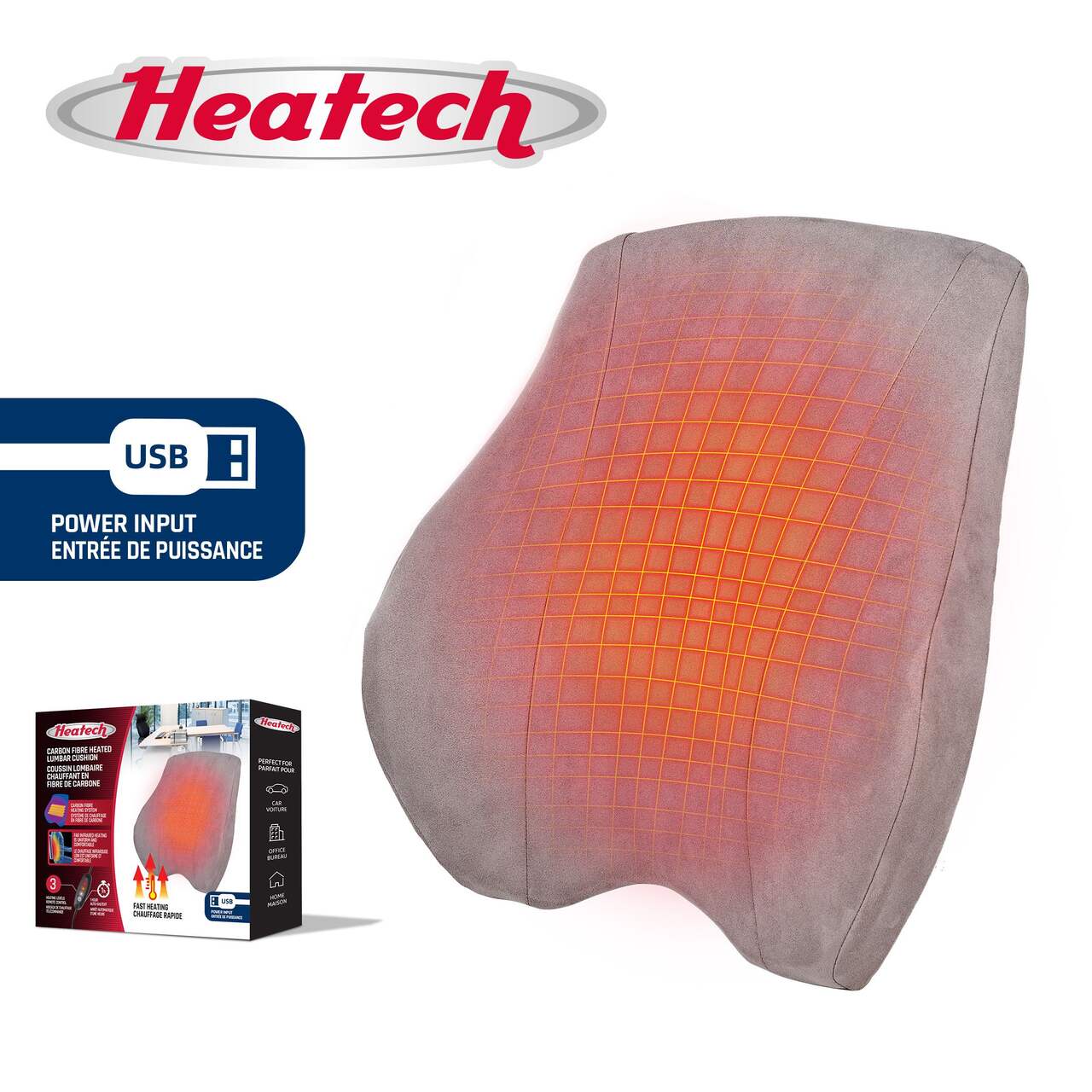 Heatech Velour Heated Memory Foam Lumbar Back Cushion