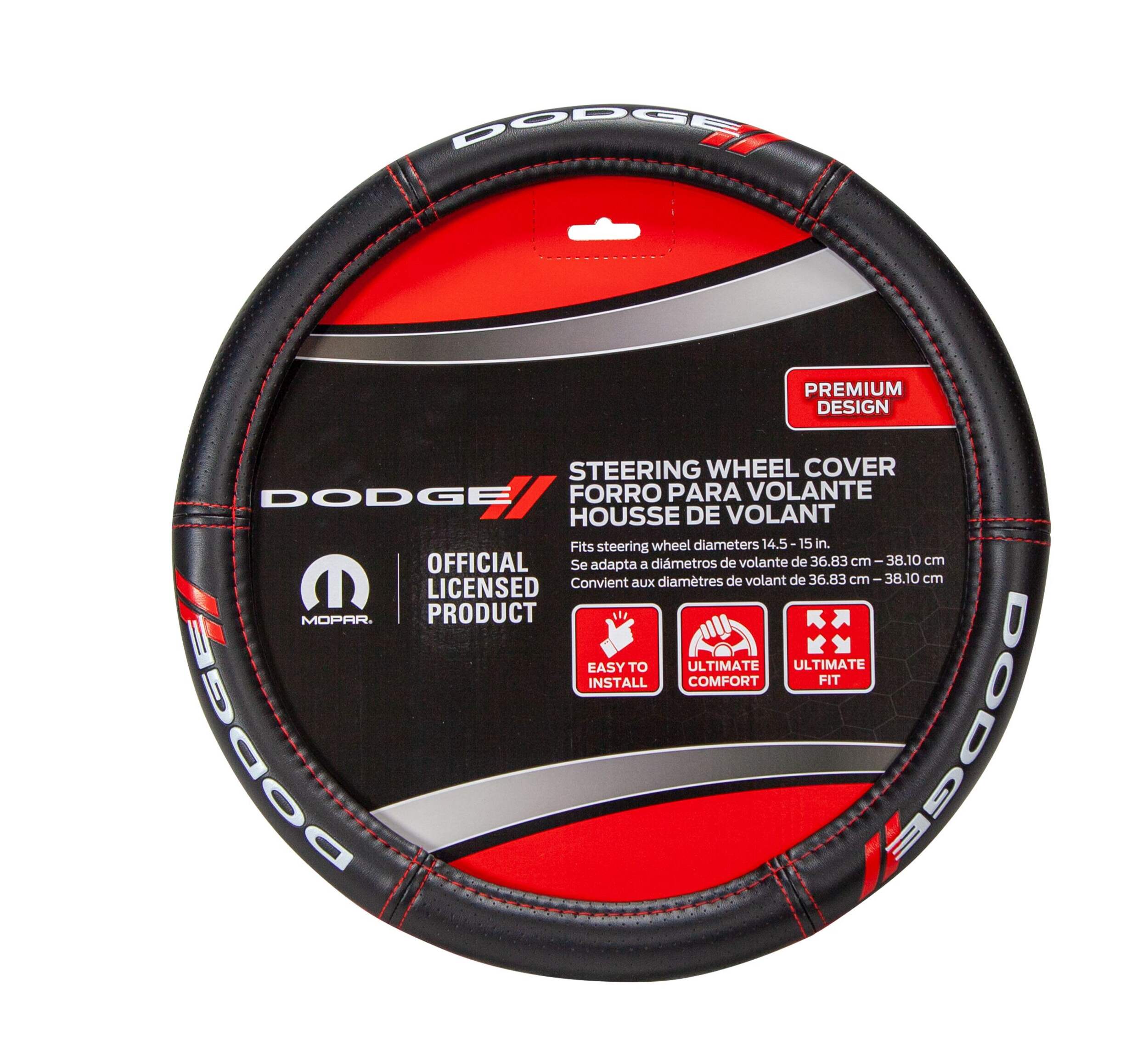 Dodge Deluxe Vinyl Steering Wheel Cover, Black/Red Front_Flat