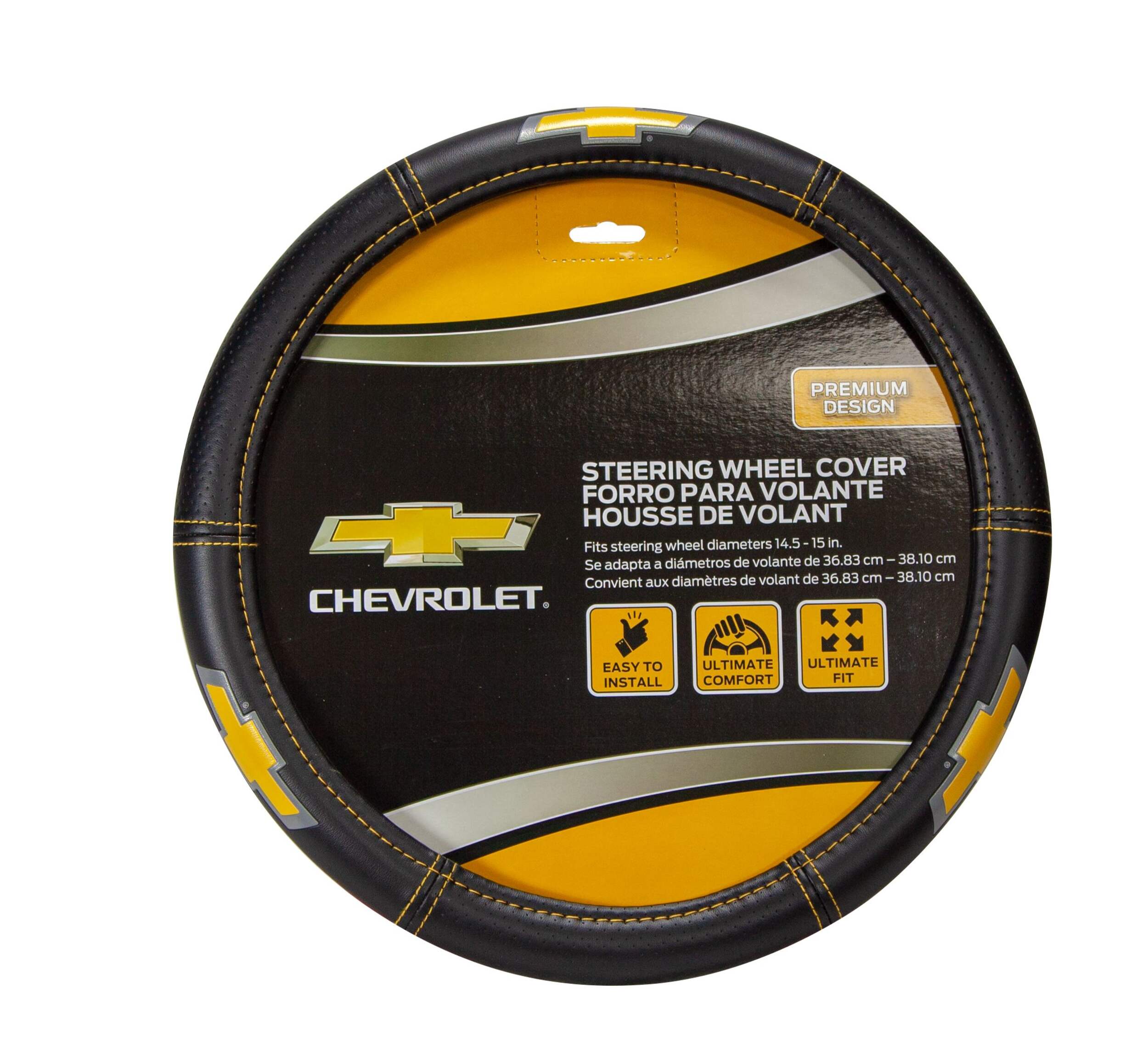 Chevrolet Deluxe Vinyl Steering Wheel Cover, Black/Gold Front_Flat
