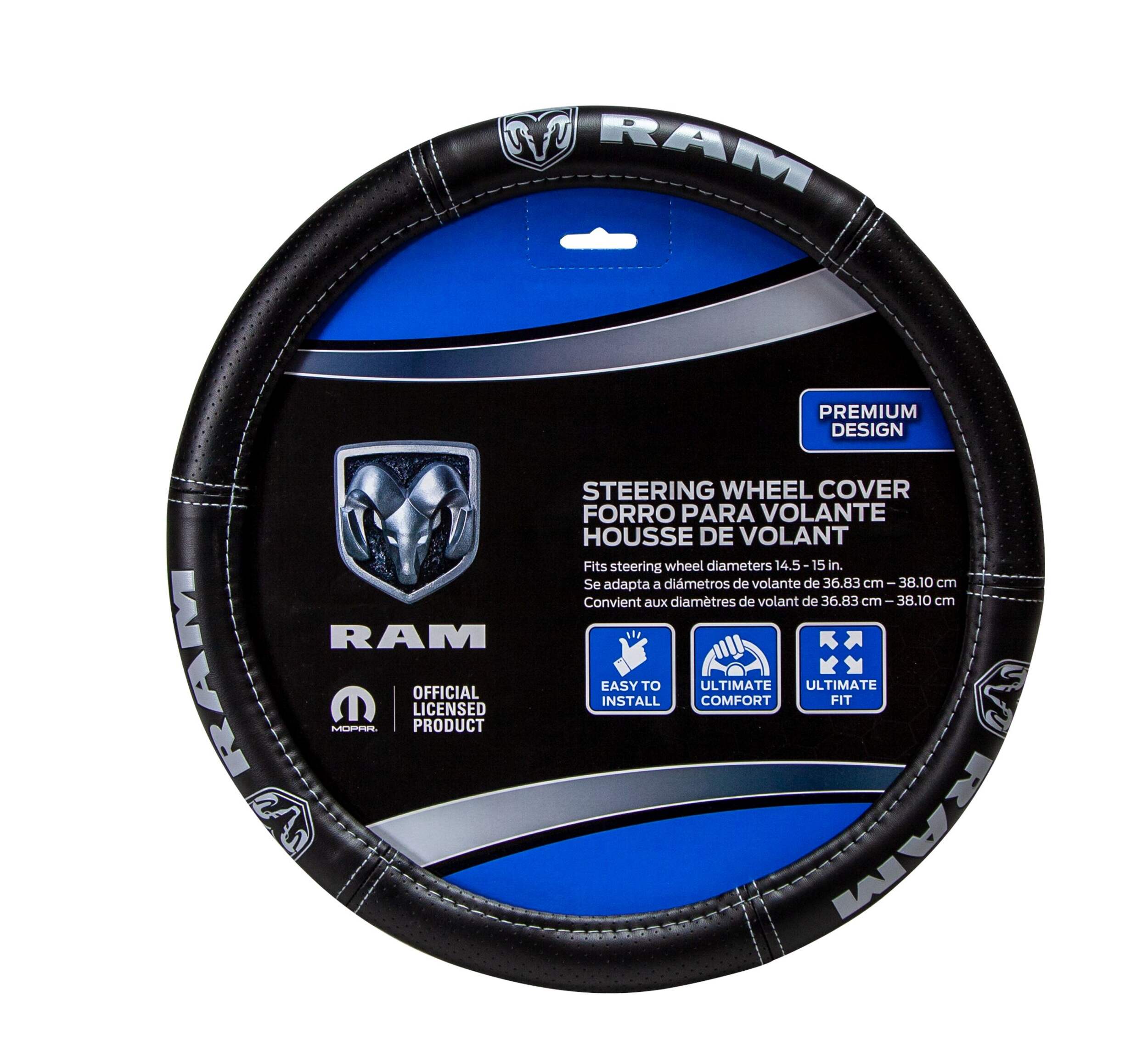 RAM Deluxe Vinyl Steering Wheel Cover, Black/Silver Front_Flat