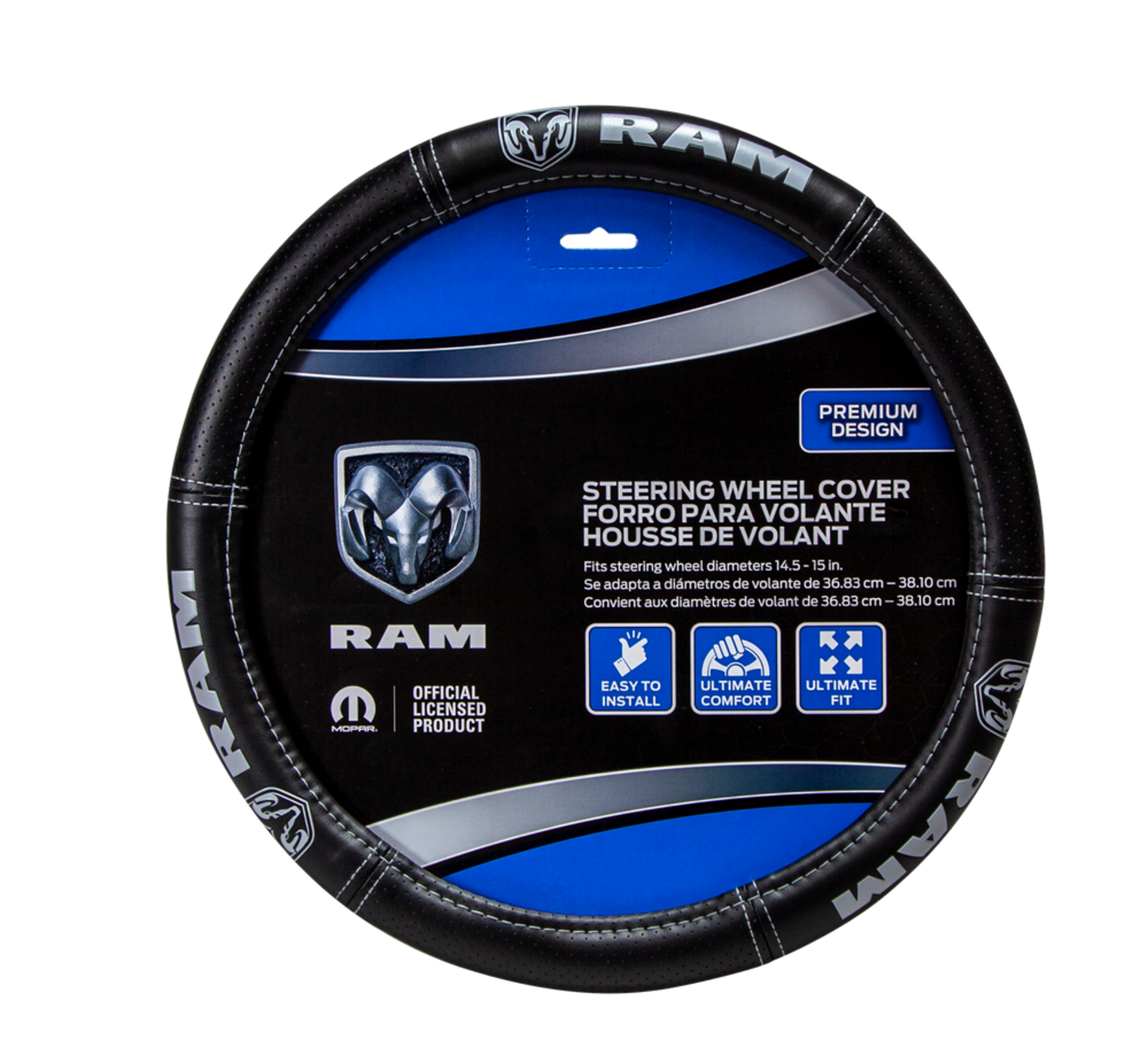 Gaine de volant de luxe en vinyle RAM, noir et argent Front_Flat