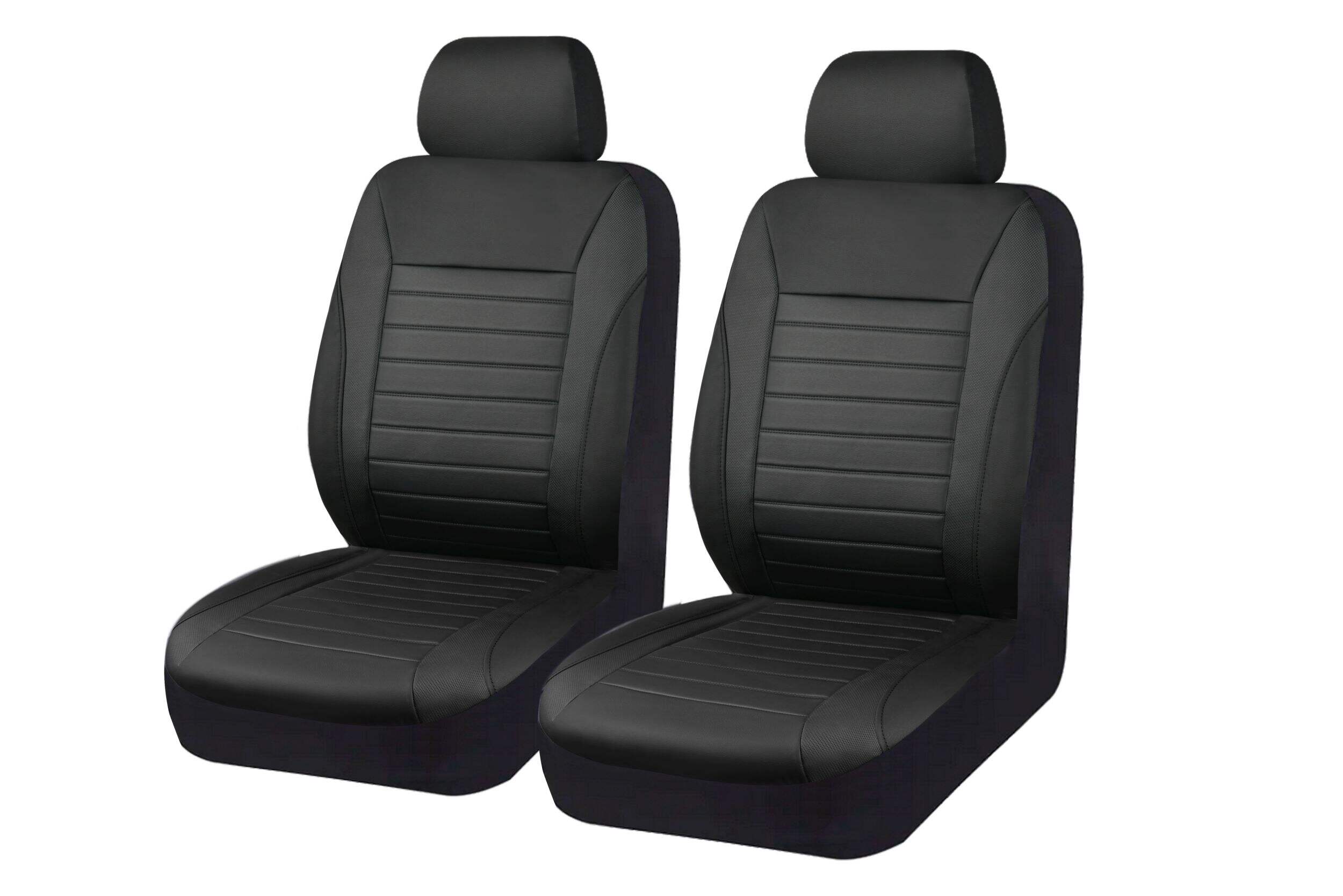 AutoTrends Embossed Premium Stripe Seat Cover, Leather, Black, 2-pk Front_Three_Fourths_Angled_Left