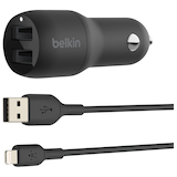 Belkin Dual 24W USB-A Car Charger with Lightning Connector, Black Front_Angled_Left