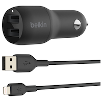 Belkin Dual 24W USB-A Car Charger with Lightning Connector, Black Front_Angled_Left