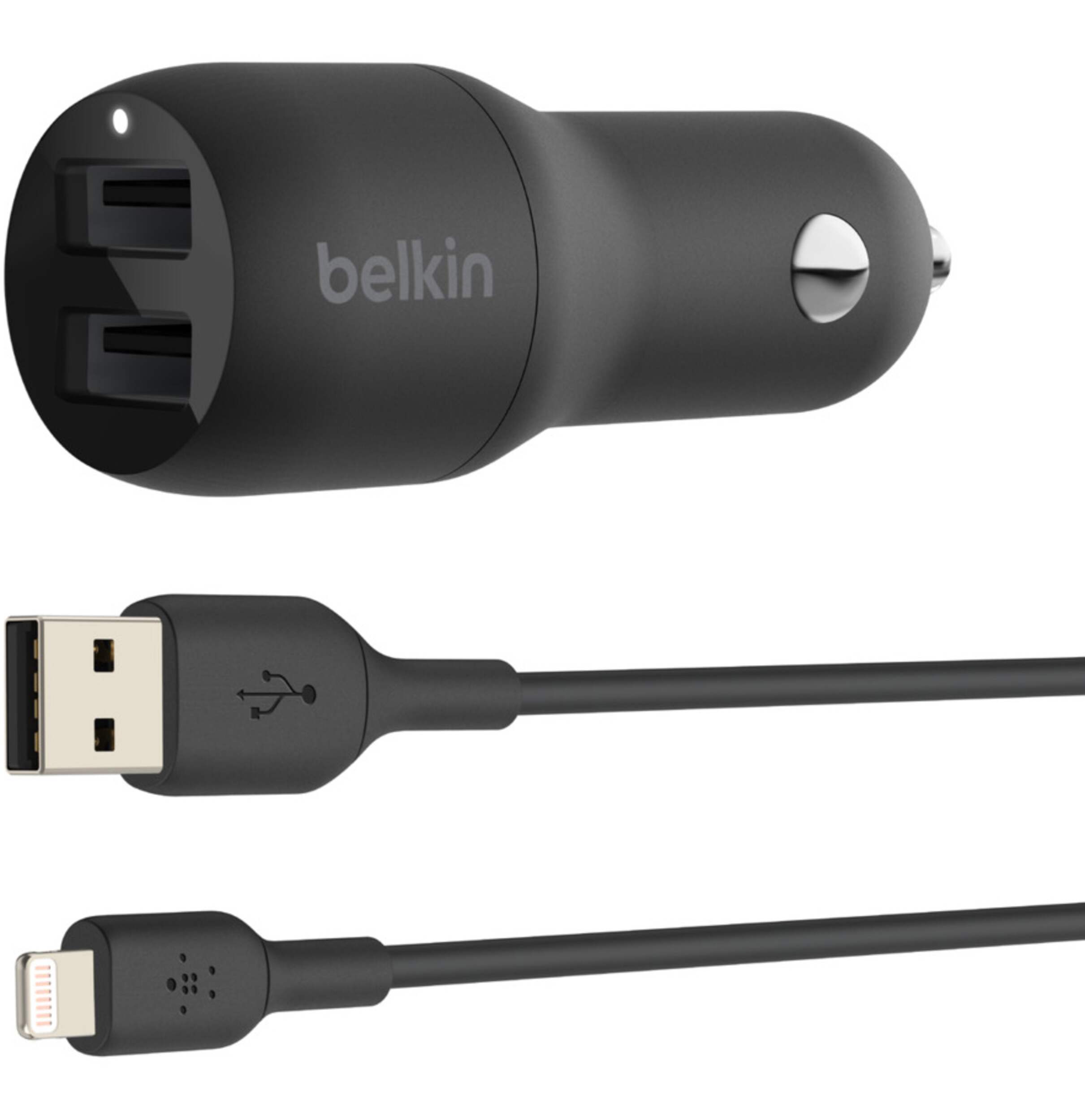 Belkin Dual 24W USB-A Car Charger with Lightning Connector, Black Front_Angled_Left