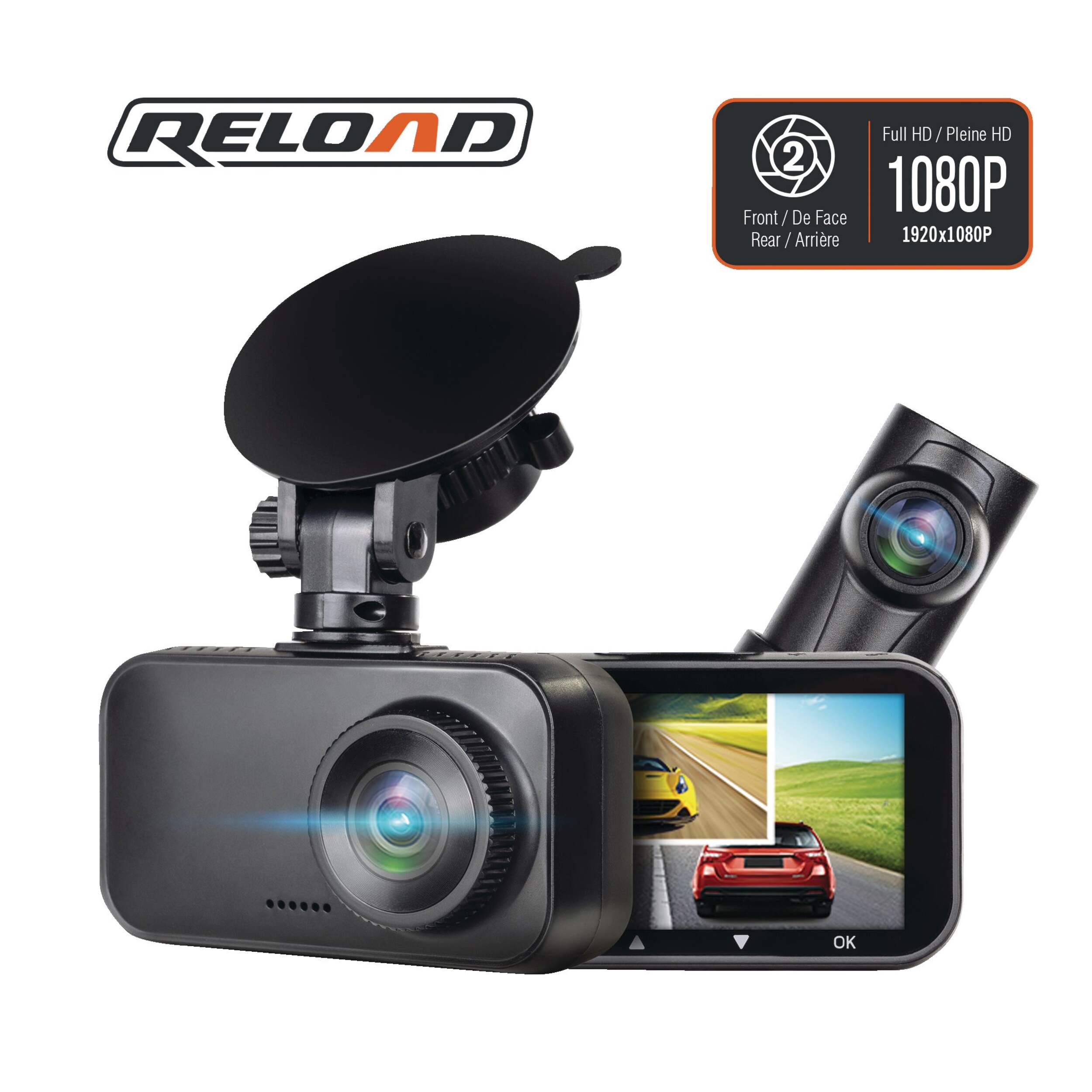 Reload Dual 1080p Dash Camera with Motion Detection, 2.7-in Screen, Front & Rear Recording Front_Three_Fourths_Angled_Left