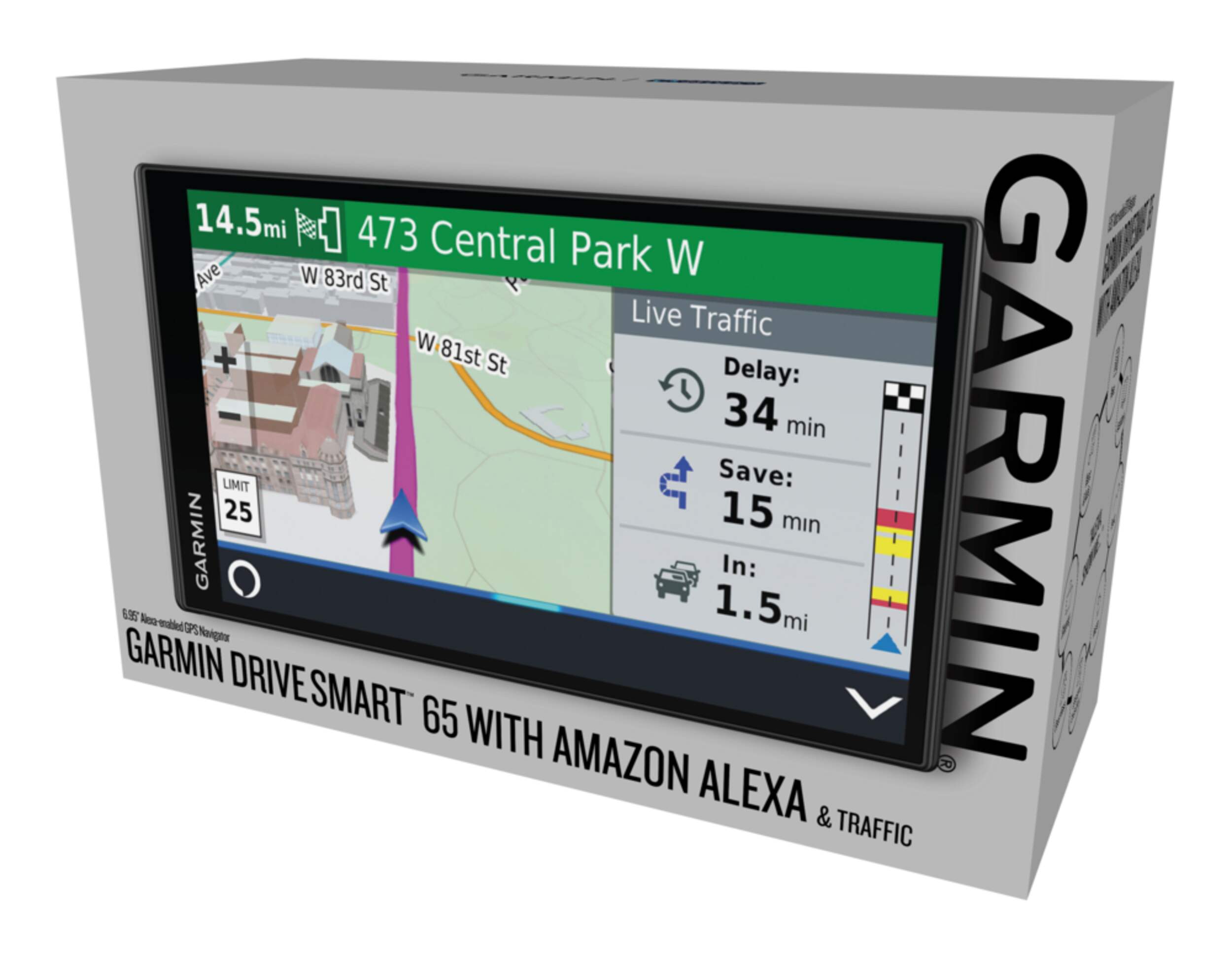 Garmin DriveSmart 65 GPS Car Navigator, with Amazon Alexa, Built-In Voice-Controlled, 6.95-in High-Res Display Front_Angled_Left