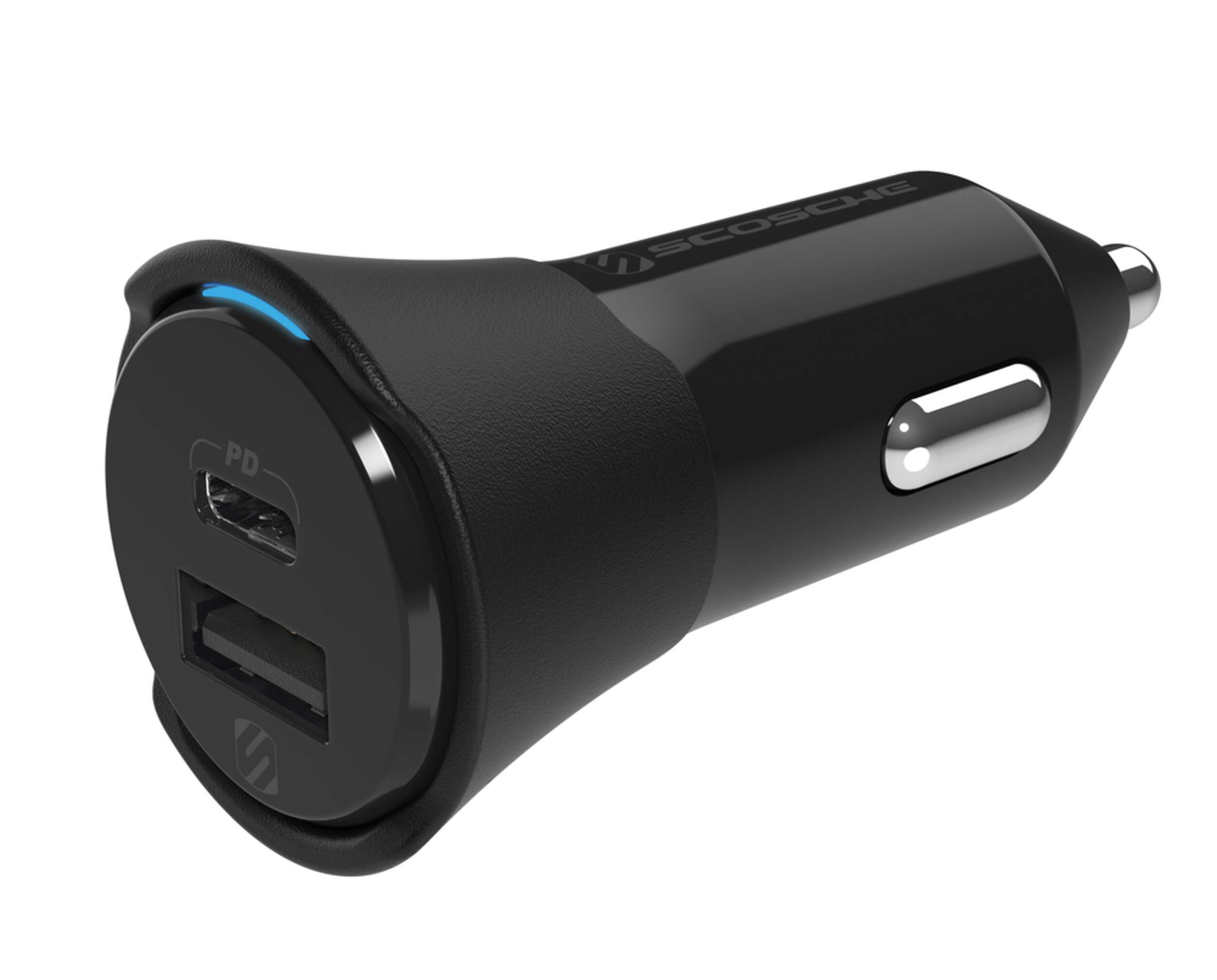 Scosche PowerVolt™ PD32 2-Port USB-C & USB-A Car Charger Front_Three_Fourths_Angled_Left