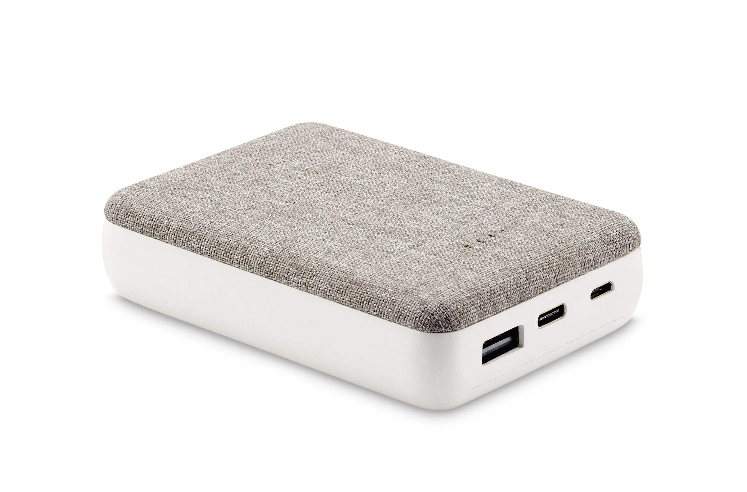 Bluehive 10K mAh Fabric Power Bank, USB port, 2 Outlets Front_Three_Fourths_Angled_Right