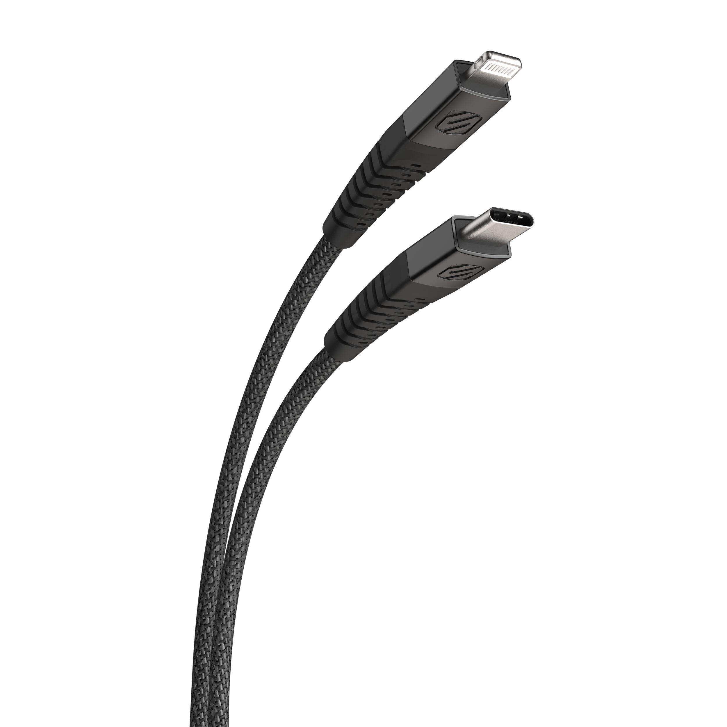 Scosche Strikeline™ Heavy Duty USB-C to Lightning Cable, Apple MFi Certified, Heavy Duty Cable Design, Black, 4-ft Front_Three_Fourths_Angled_Right