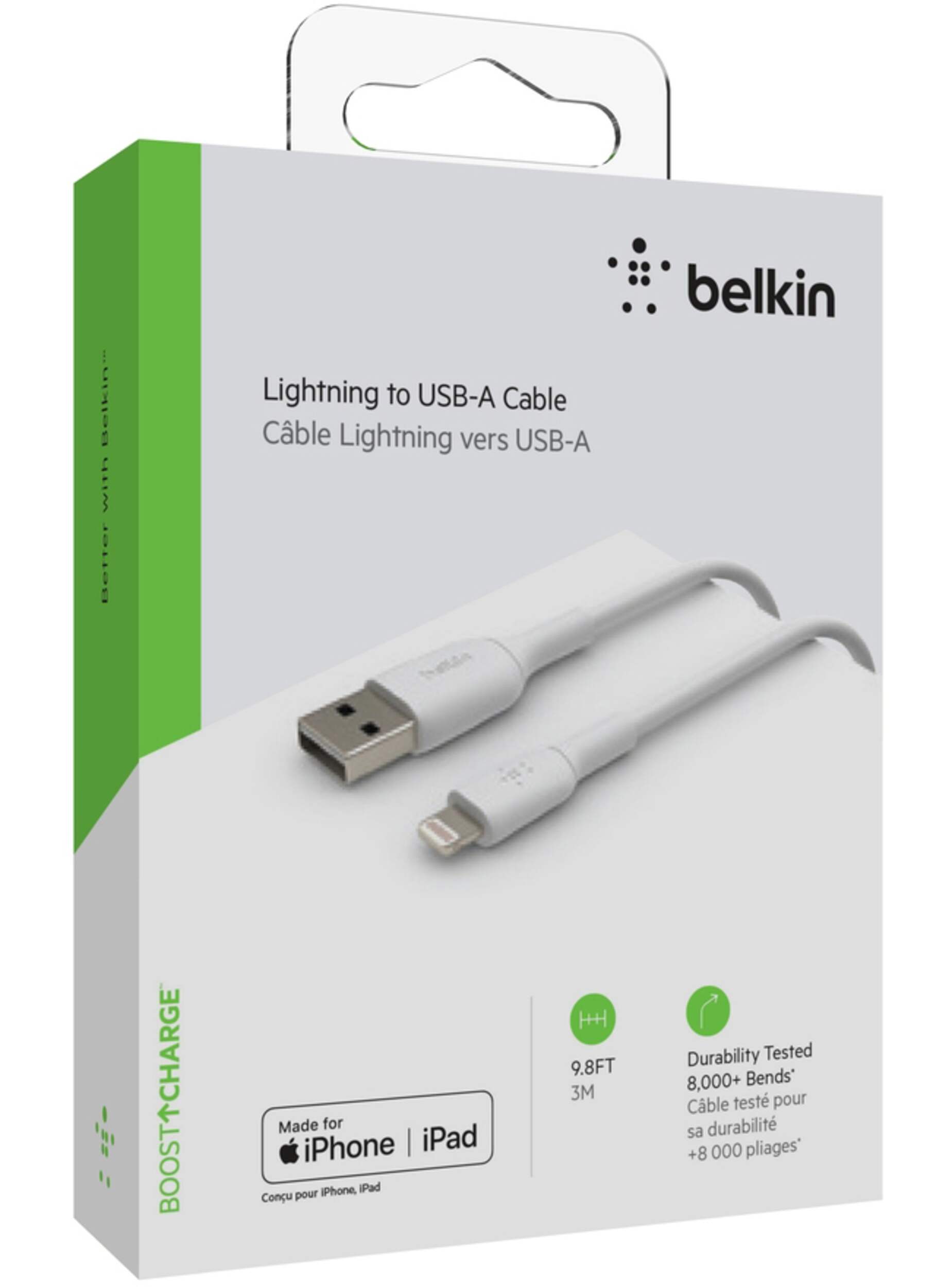 Belkin iPhone USB-A Cable PVC, with Lightning Connector, White, 10-ft Front_Angled_Right