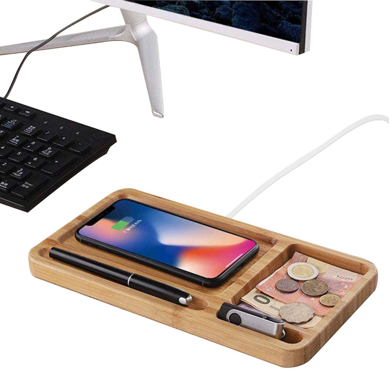 Bluehive 2-in-1 Bamboo Wireless Charging Pad with Desktop Tray