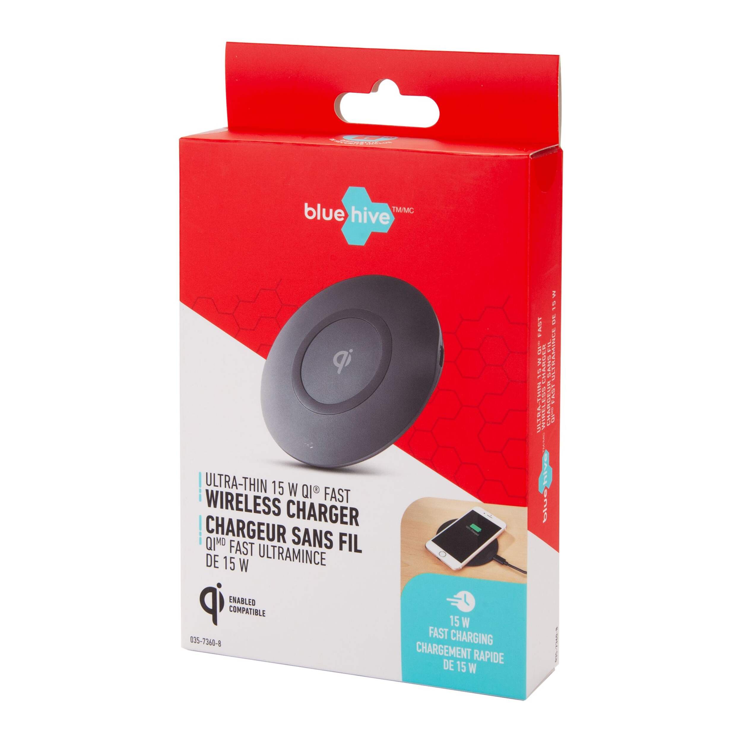 Bluehive Ultra-Thin Fast Wireless 15W Charging Pad, for Qi-Enabled Devices Front_Angled_Left