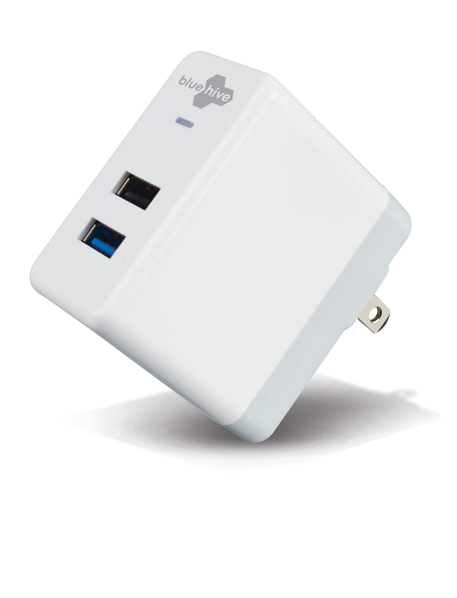 Bluehive 2.4A Dual Wall Charger, with Quick Charge, Compatible with most smartphones Front_Angled_Left