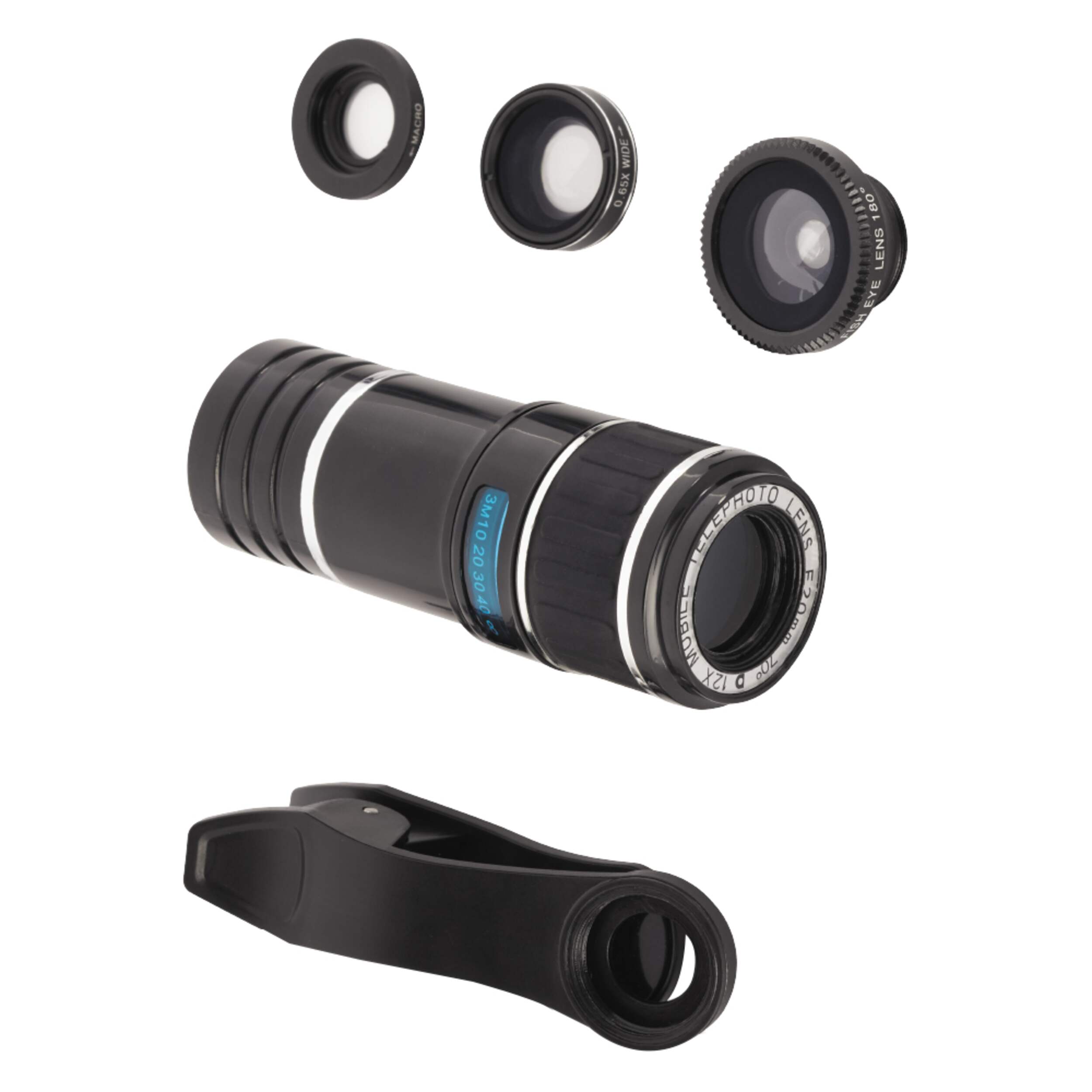 Bluehive Cell Phone Camera Lens Kit 12x70° Telephoto Lens, 180° Fisheye, 0.65x Wide-Angle Lens & 10x Macro Composite_or_Mixed