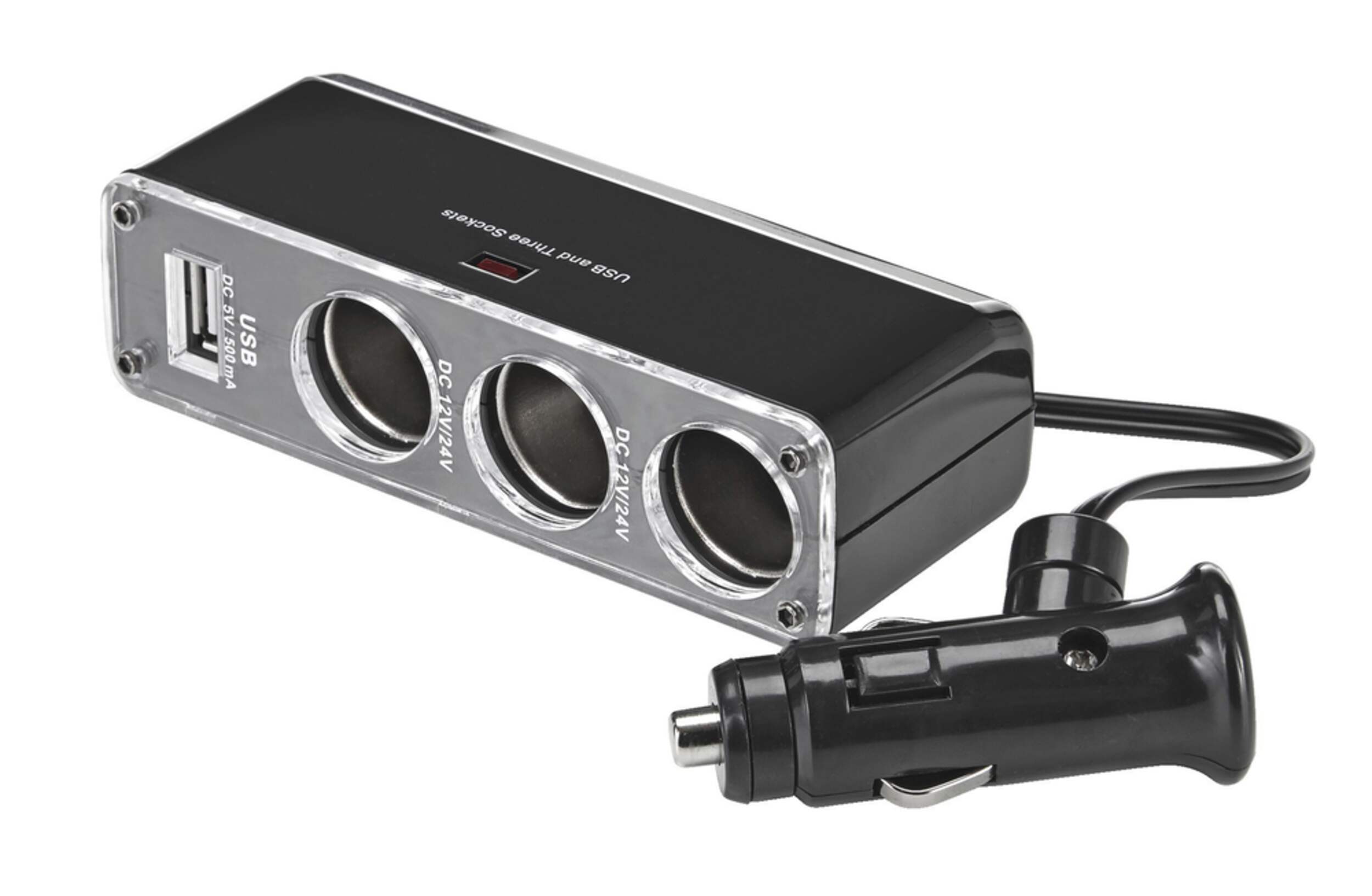 Autotrends 12V Triple Socket with Single USB Front_Angled_Left