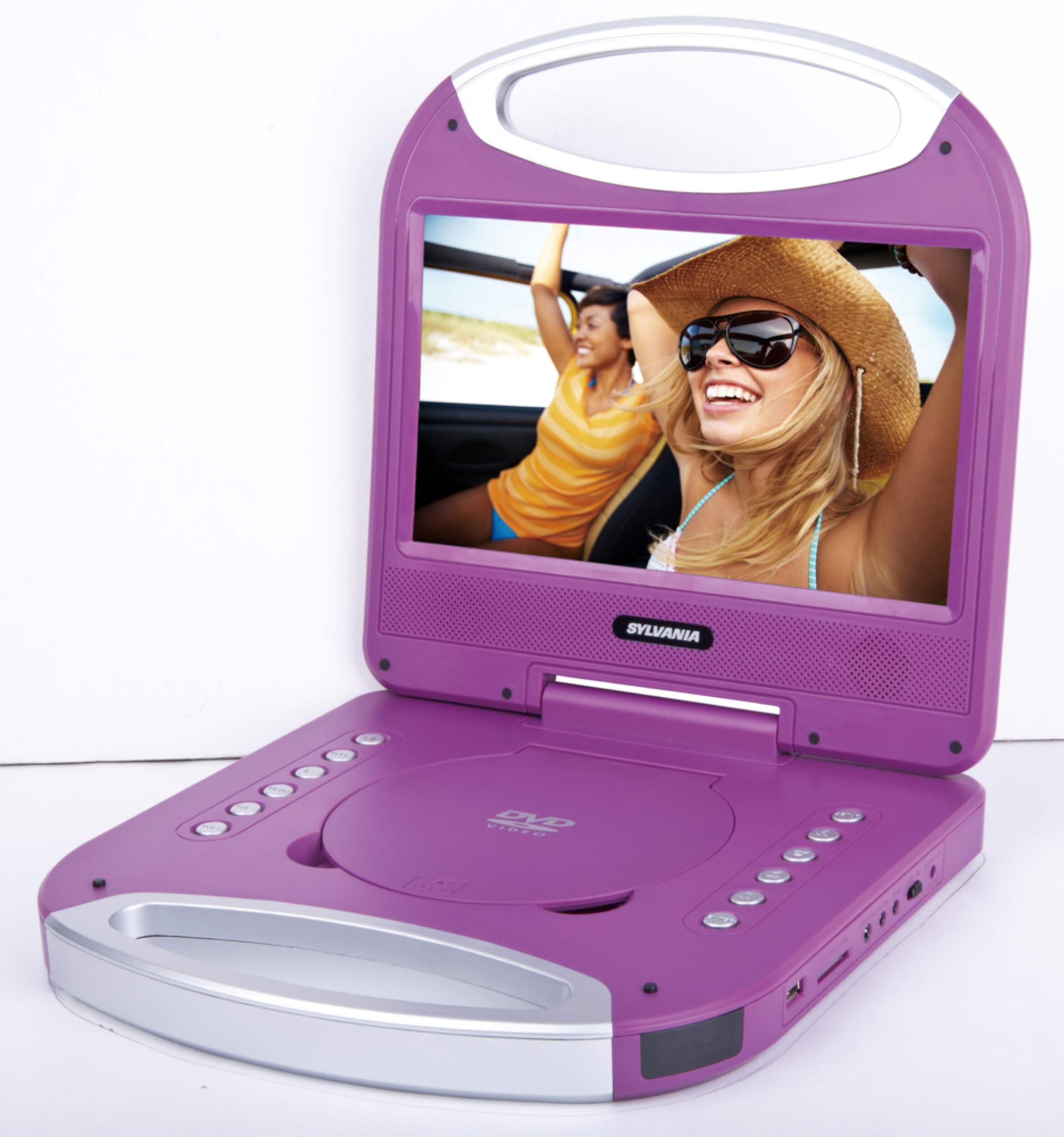Sylvania Portable DVD Player with Integrated Handle, Purple, 10-in Front_Angled_Left