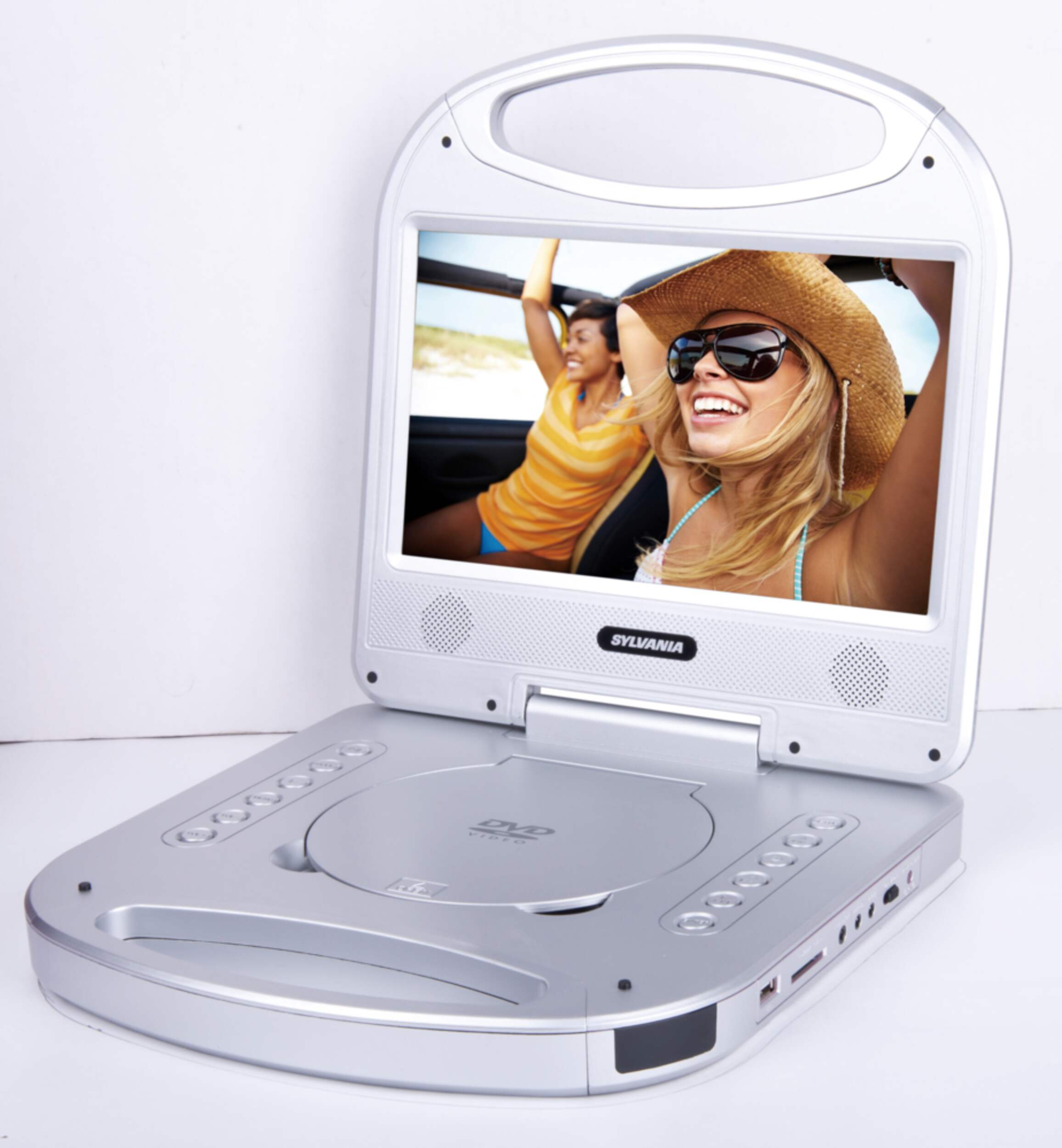 Sylvania Portable DVD Player with Integrated Handle, Silver, 10-in Front_Angled_Left