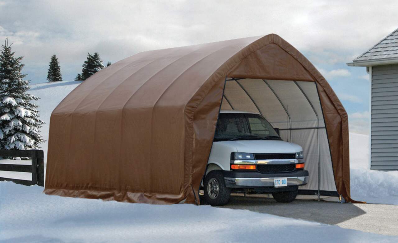  ADVANCE OUTDOOR 10x15 ft Shelter Storage Shed Steel Metal Peak  Roof Anti-Snow Portable Garage Carports for Motorcycle, Boat or Garden  Tools with 2 Roll up Doors & Vents, Beige : Patio
