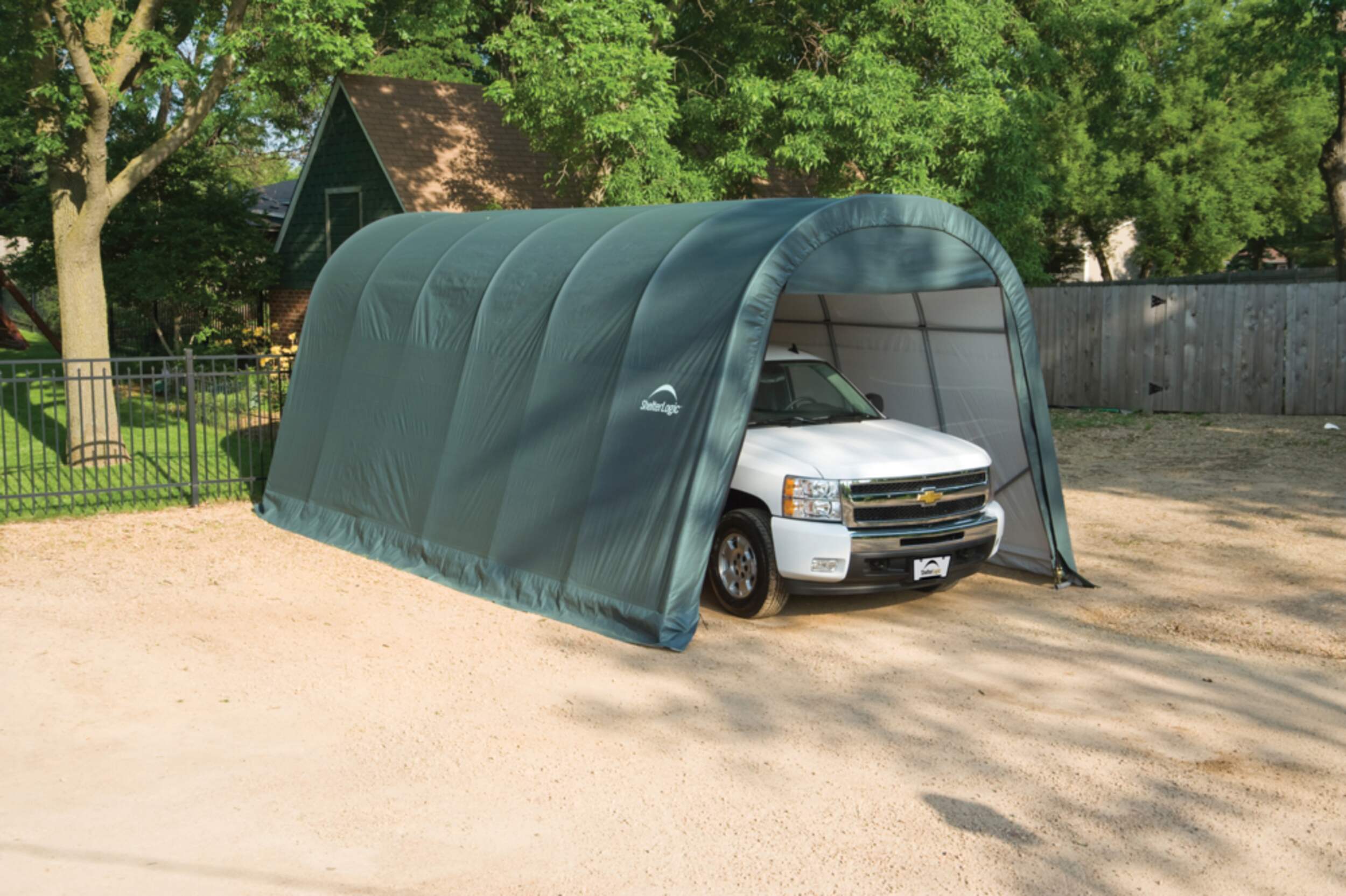 ShelterLogic ShelterCoat™ Round Portable Storage Garage Shelter w/Double Zipper Doors, 14 x 24 x 10-ft Front_Angled_Right