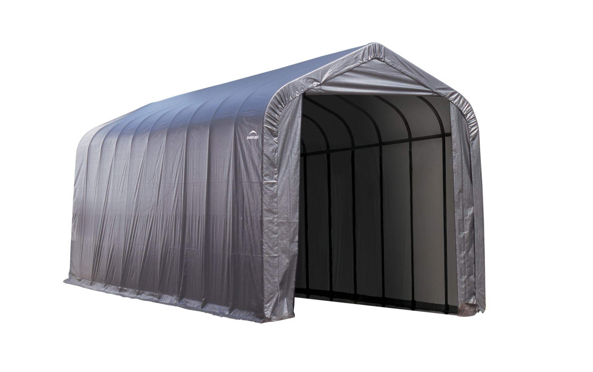 ShelterLogic ShelterCoat™ Peak Style Auto Shelter, Grey, 14-ft x 40-ft x 16-ft Front_Three_Fourths_Angled_Right