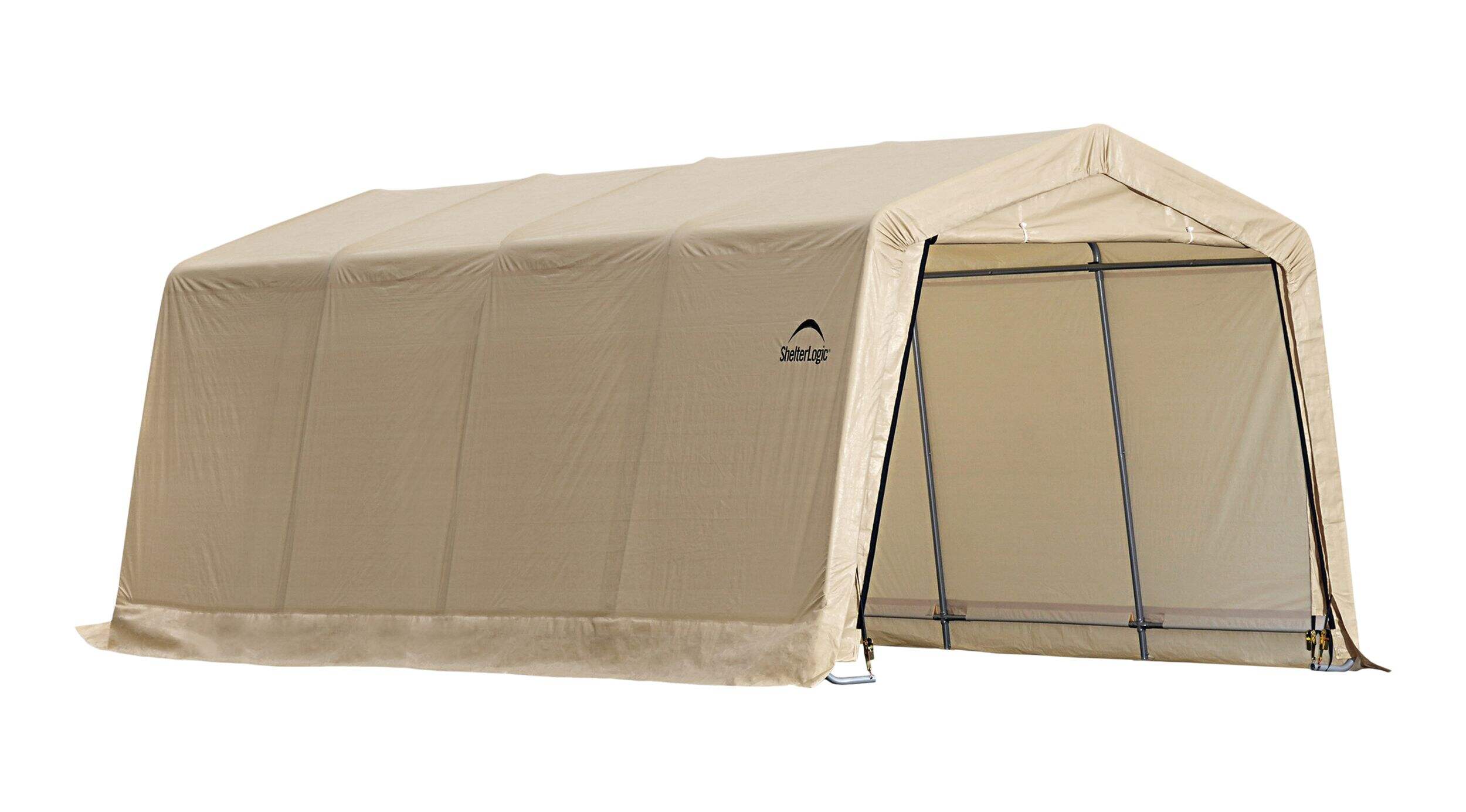 Replacement Cover Only - ShelterLogic Replacement Cover Kit for the AutoShelter®, Sandstone, 10-ft x 15-ft x 8-ft Front_Three_Fourths_Angled_Right