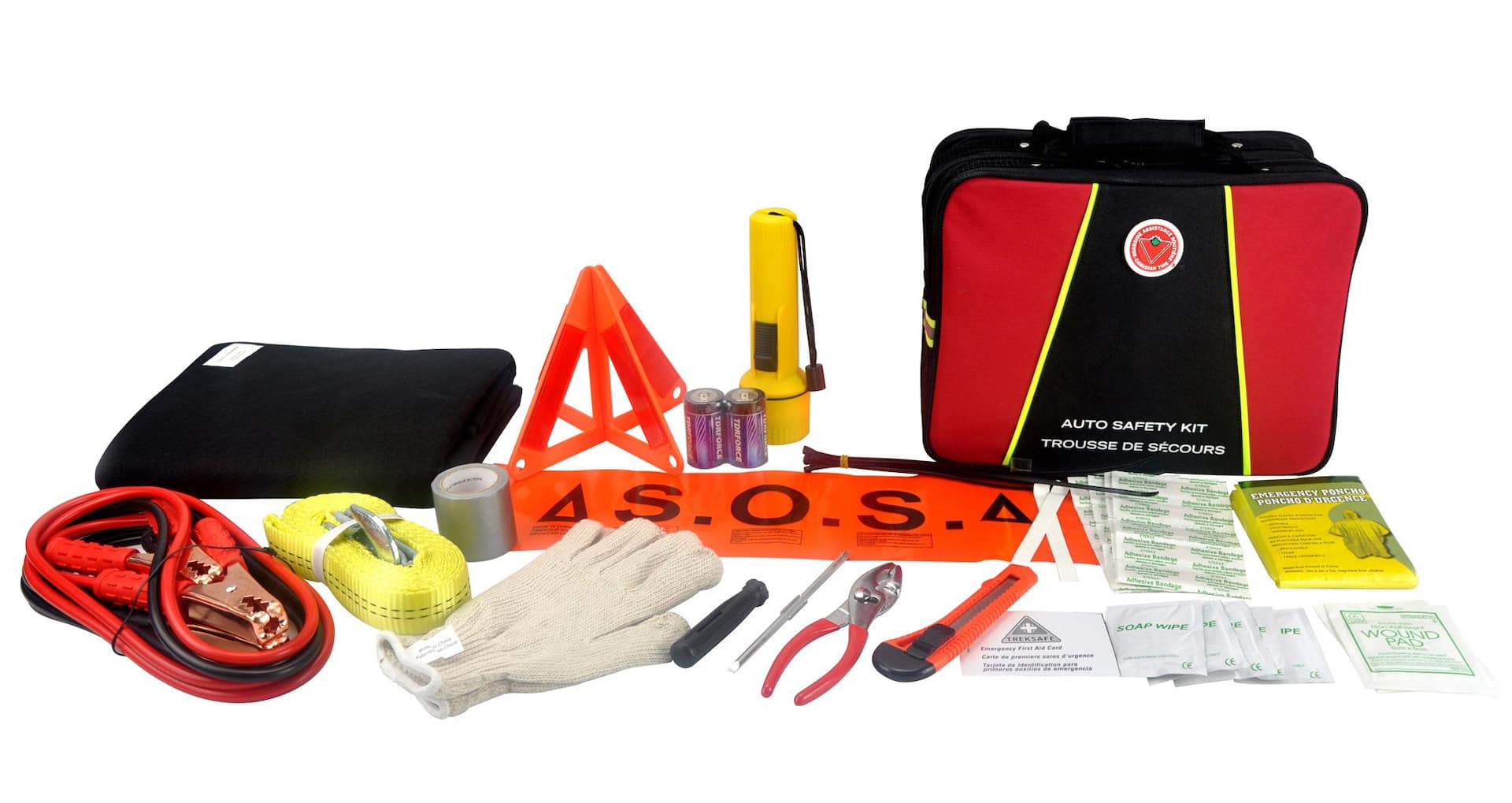 Roadside Assistance Emergency Car Kit - First Aid Kit, Jumper Cables, LED Flash