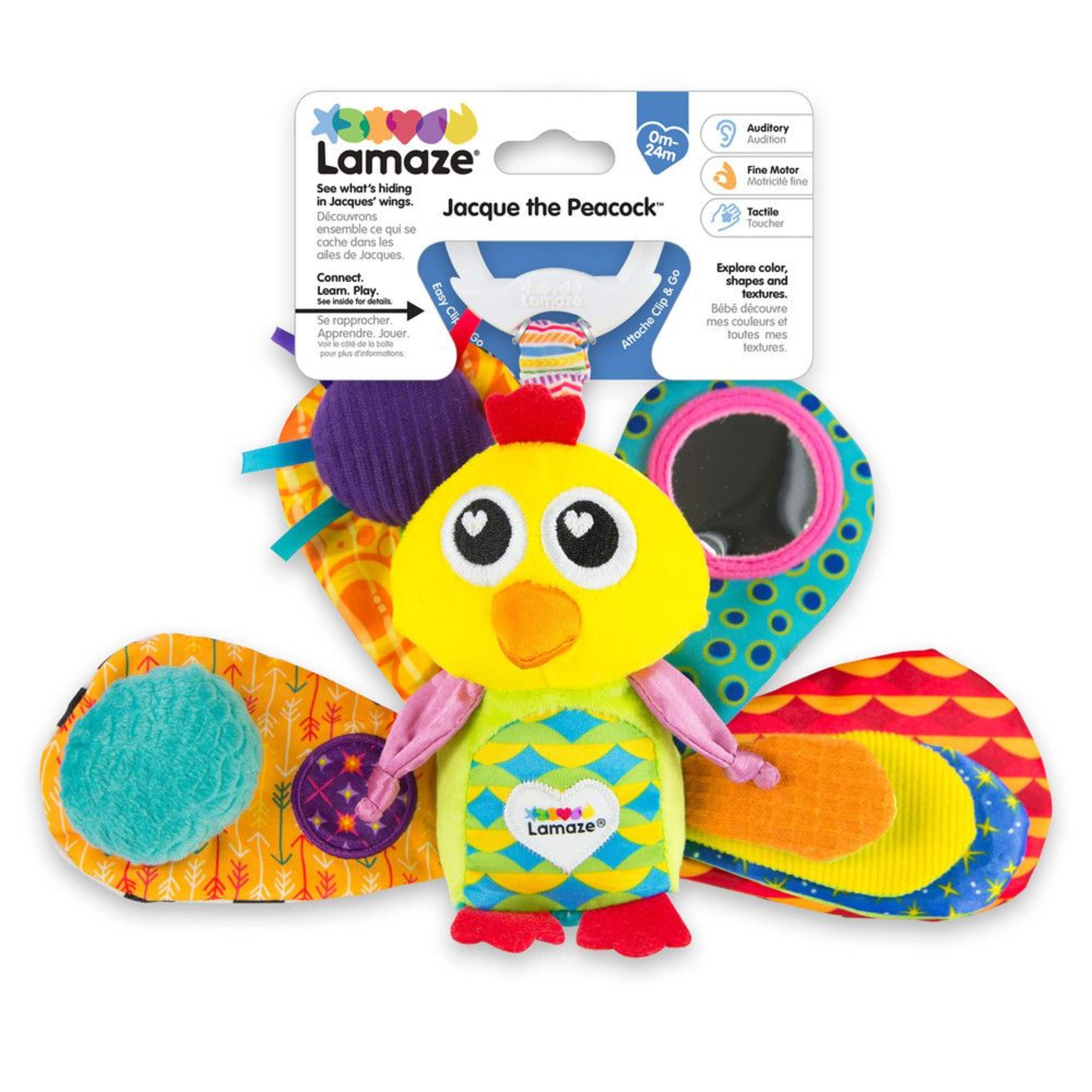 Lamaze Jacques the Peacock Clip & Go Baby Toy, Bilingual, Ages 0m+ Front_Flat