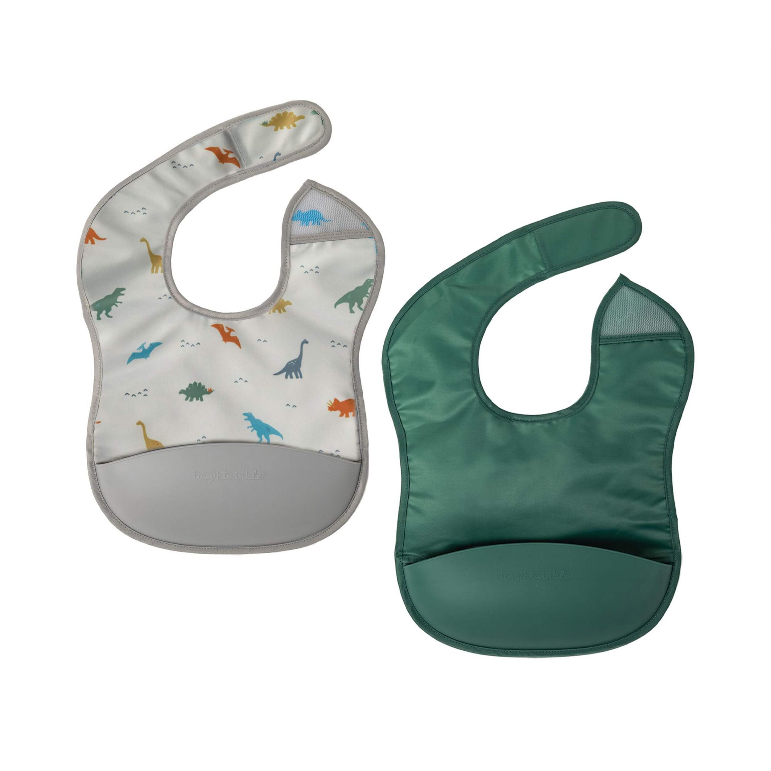 Tiny Twinkle Silicone Pocket Bibs, Dinosaur/Olive, 2-pk Front_Flat