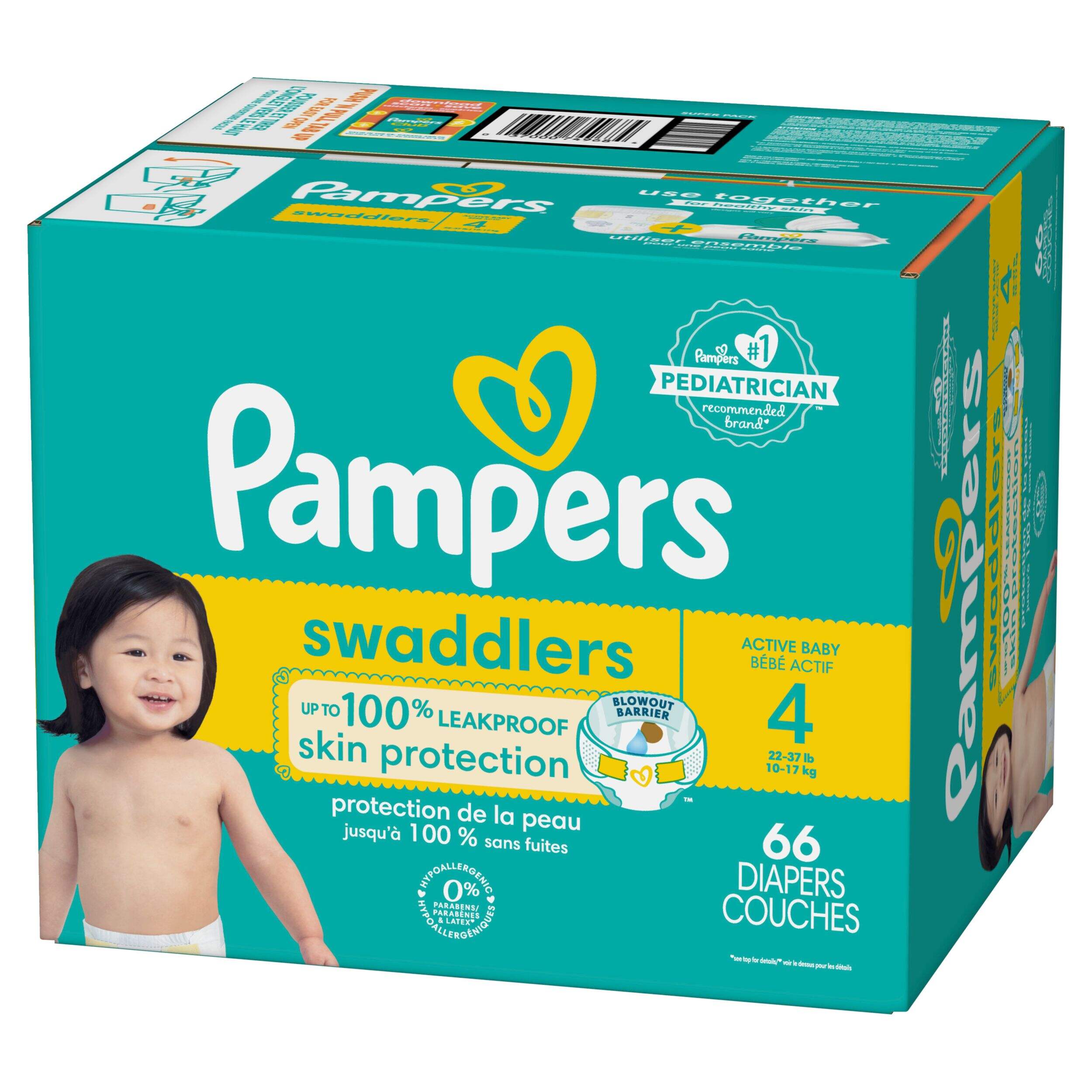 Couches pour bébés antifuites Pampers Swaddler, taille 4, paq. 66 Front_Angled_Left