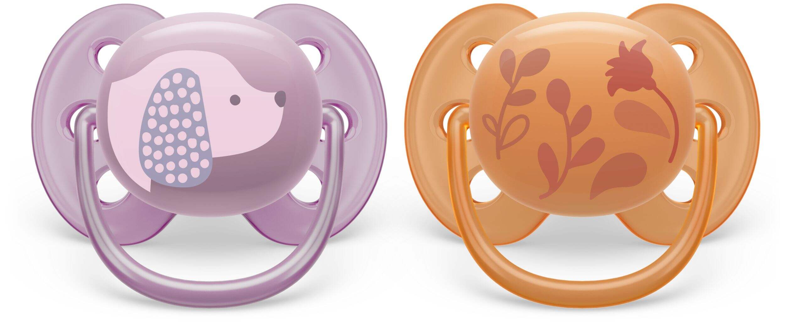 Philips Avent Ultra Soft Pacifier, 6-18 Months, Violet Puppy & Orange Leaves, 2-pk Front_Flat