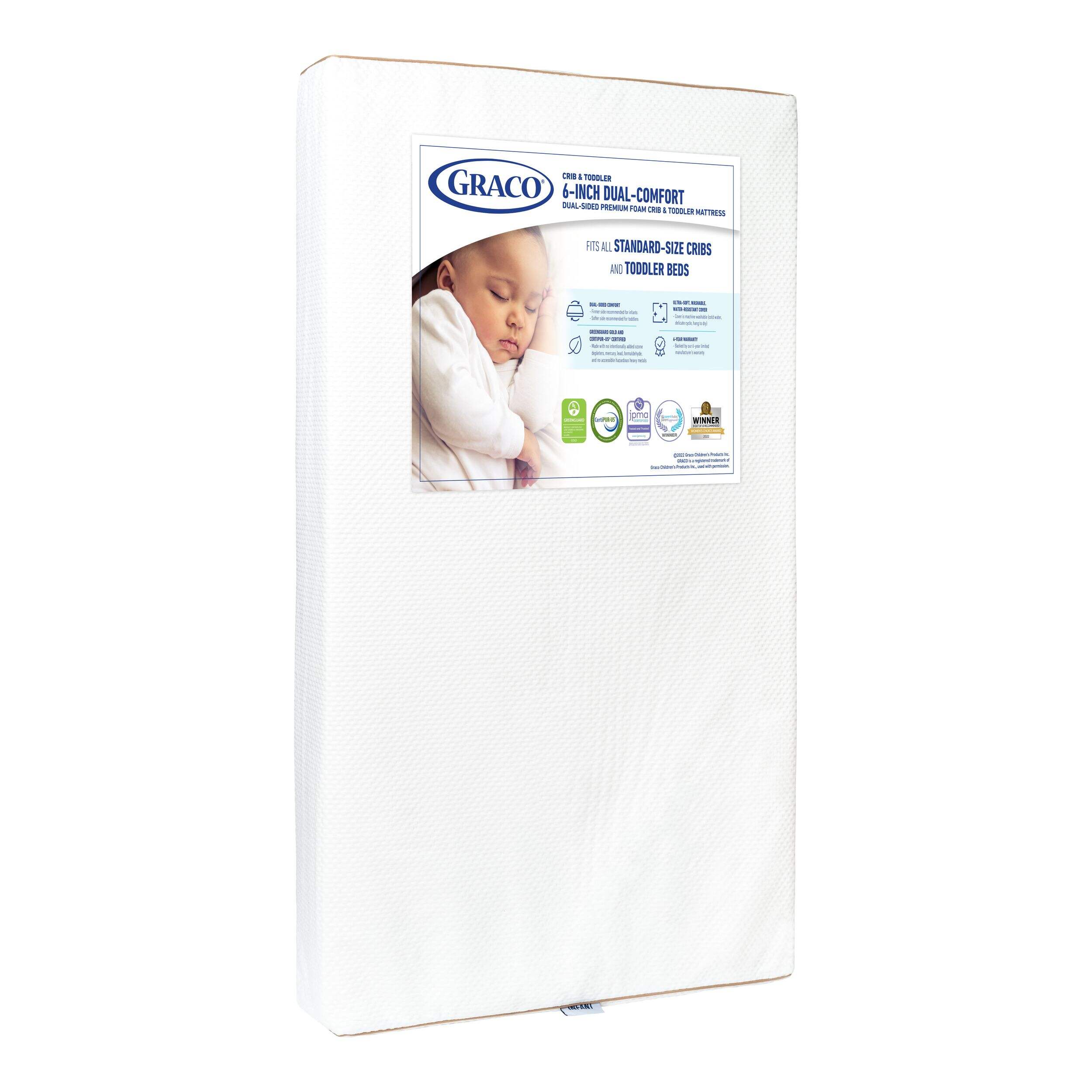 Graco Premium Dual-Comfort Crib & Toddler Mattress Front_Three_Fourths_Angled_Right