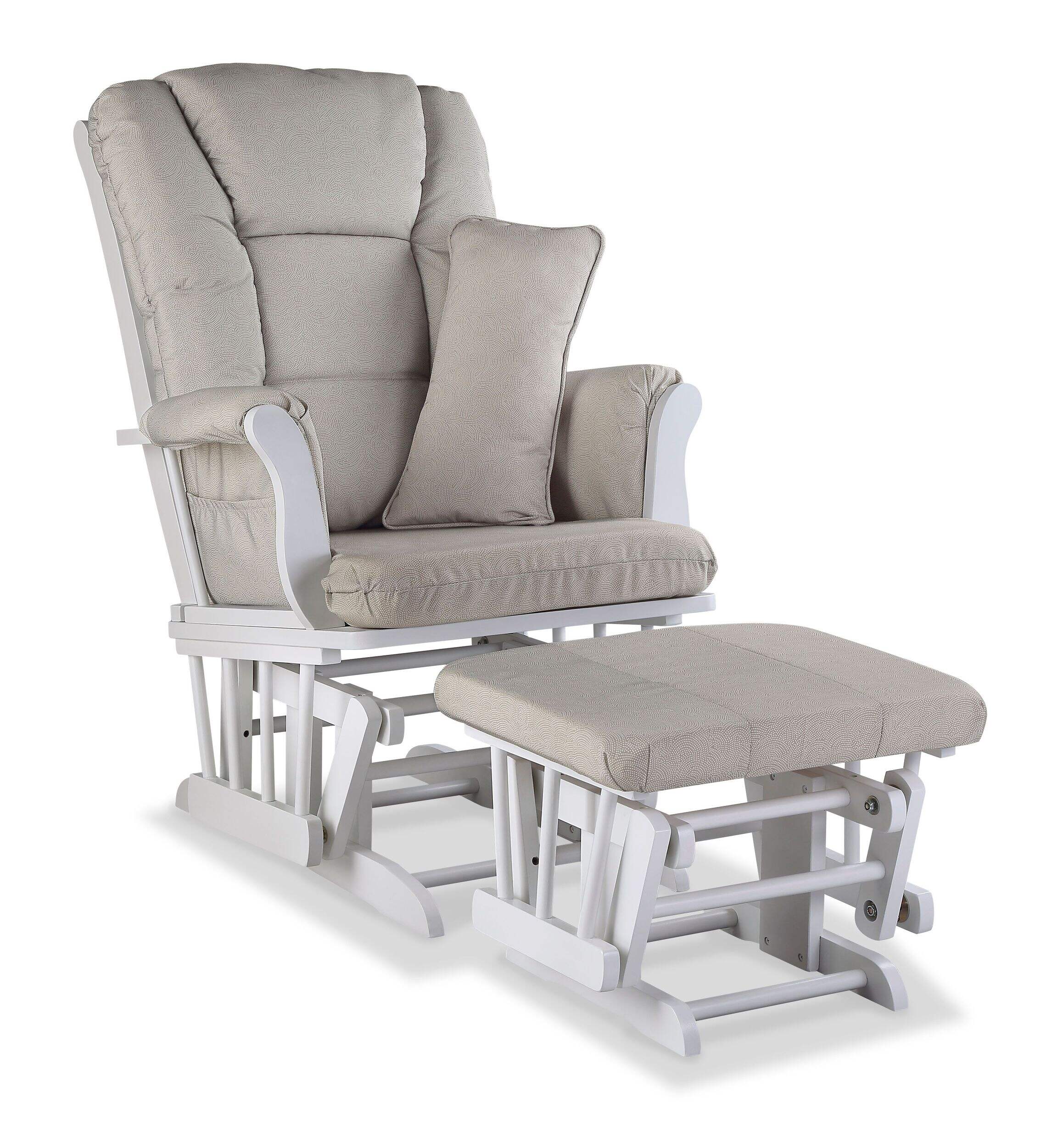 Storkcraft Tuscany Glider & Ottoman Set with Matching Lumbar Cushion, White with Taupe Swirl Front_Angled_Right