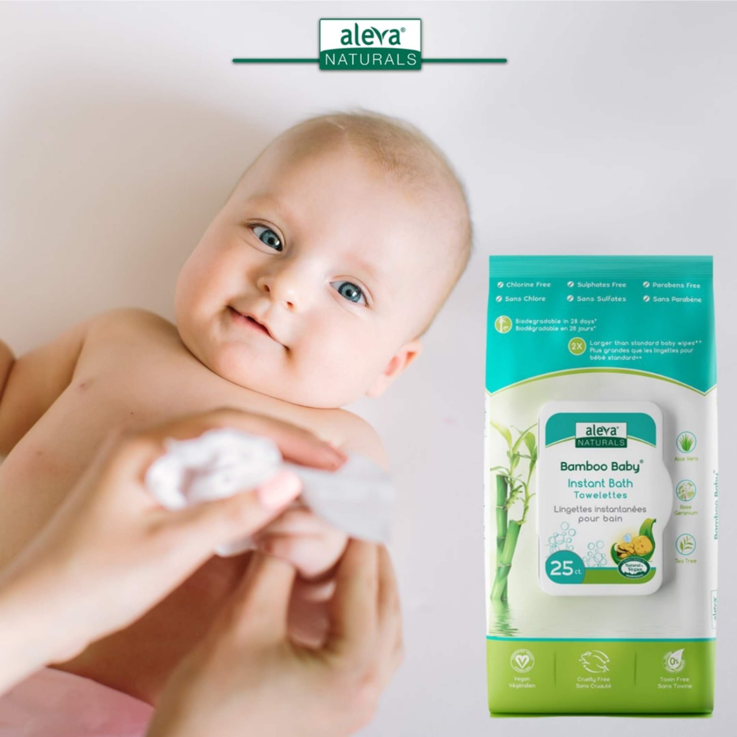 Lingettes instantanées pour le bain Aleva Naturals Bamboo Baby, paq. 75 Front_Flat
